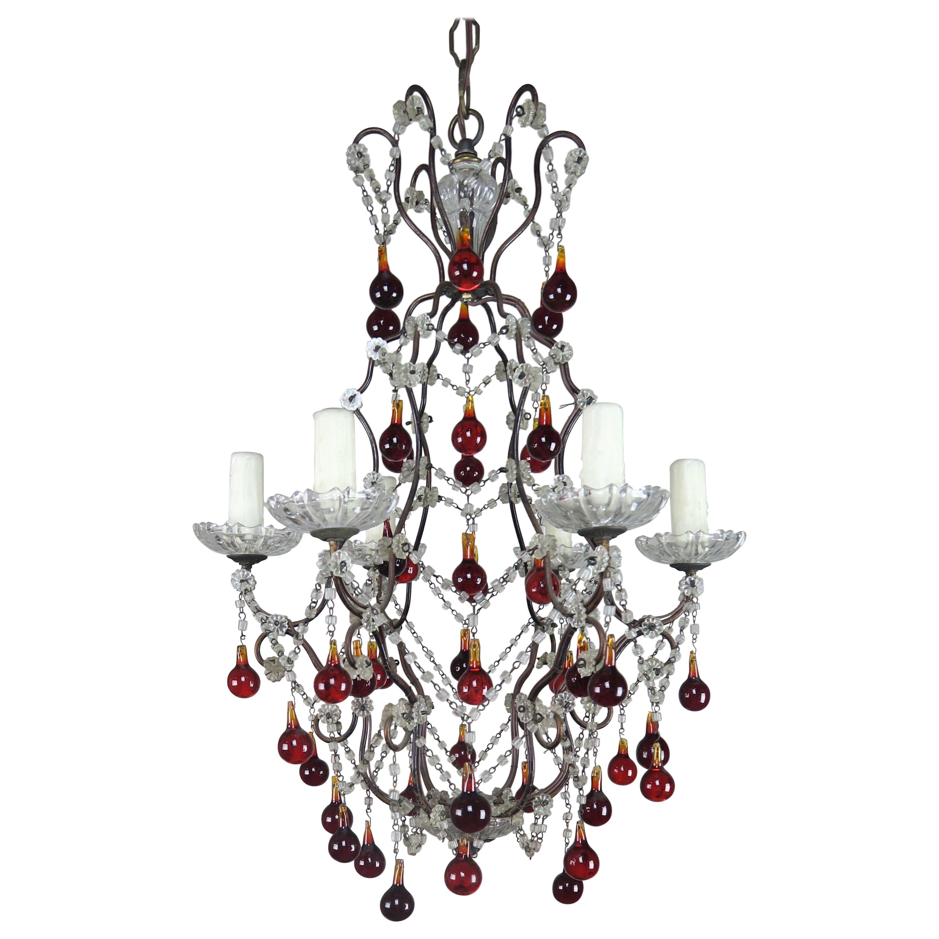 Italian Six-Light Crystal Beaded Chandelier with Vibrant Colored Drops