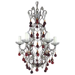 Italian Six-Light Crystal Beaded Chandelier with Vibrant Colored Drops
