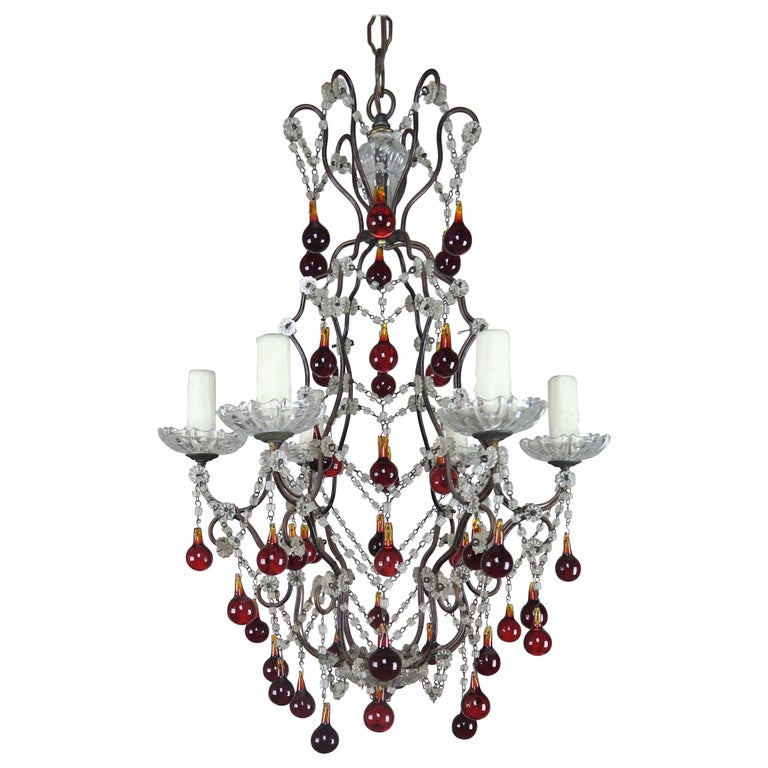Lustre italien à six feux, en perles de cristal et gouttes de couleurs ...