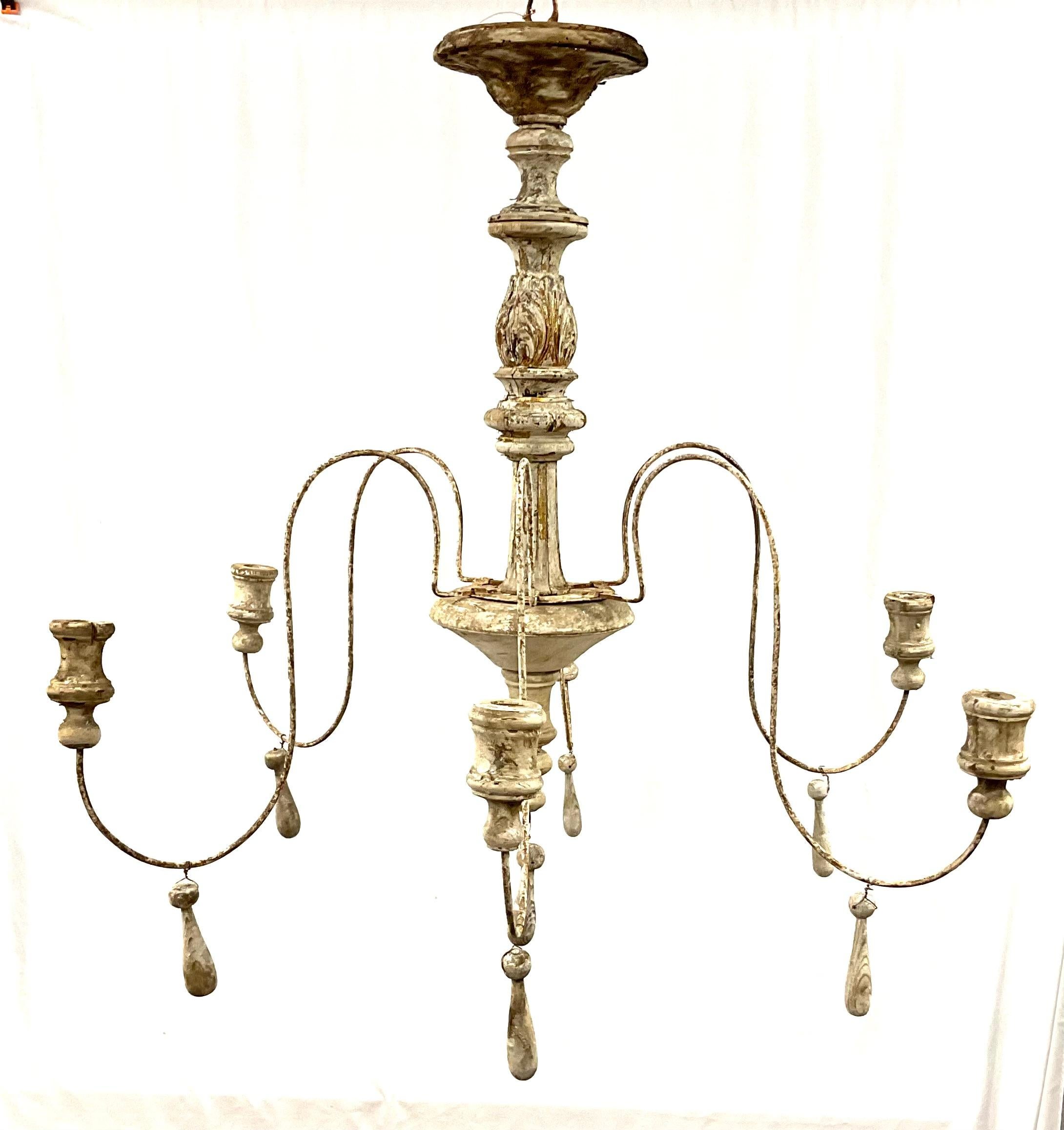 Italian Six Light Painted Wood and Iron Chandelier For Sale 5