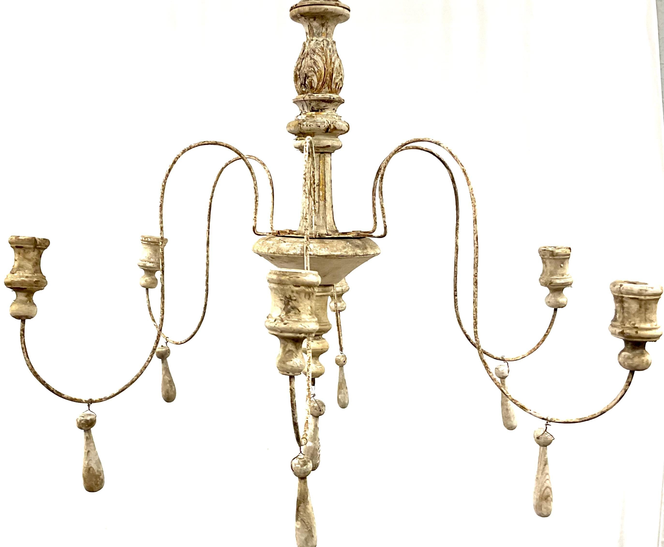 Neoclassical Italian Six Light Painted Wood and Iron Chandelier For Sale