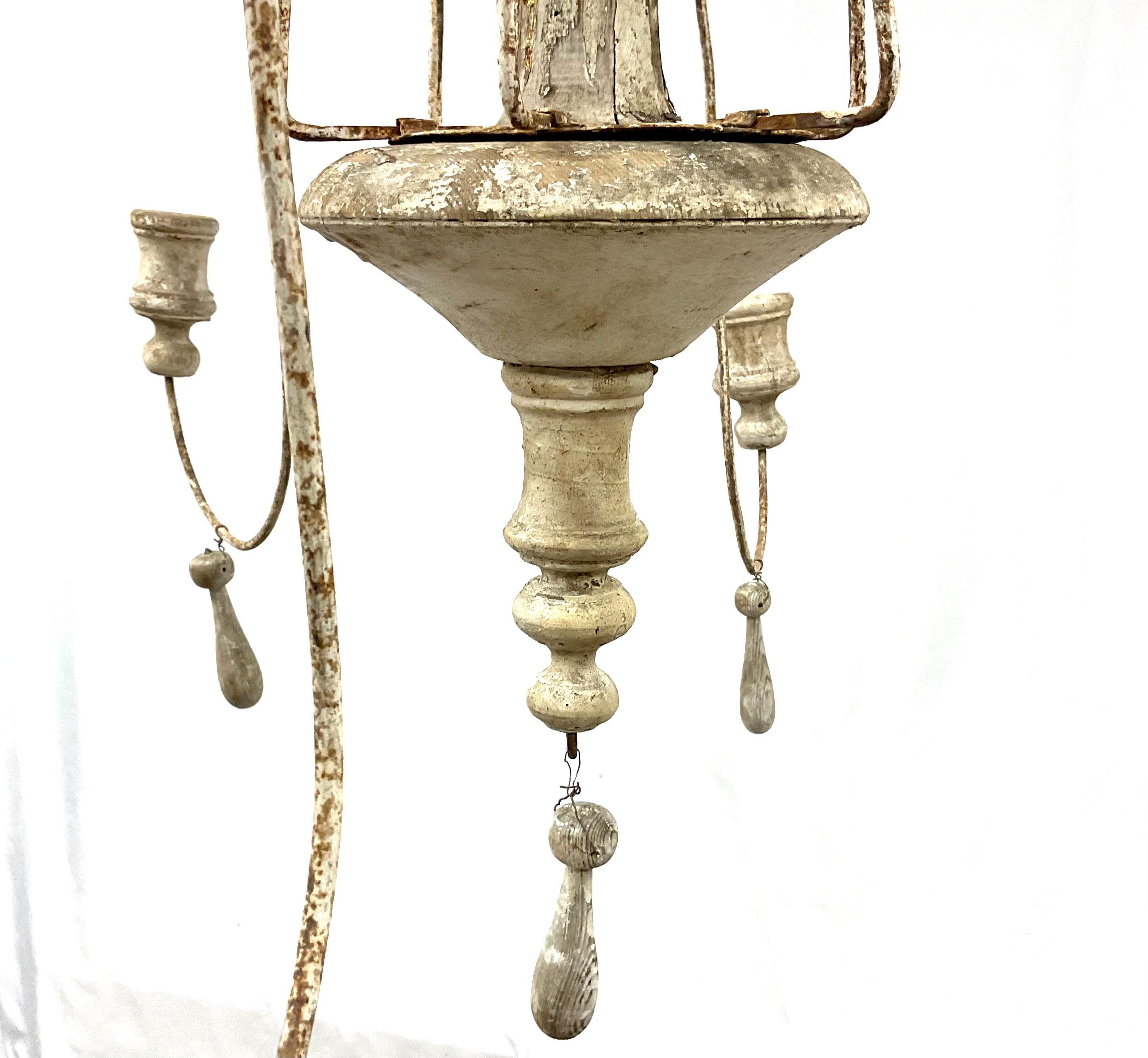 Italian Six Light Painted Wood and Iron Chandelier In Good Condition For Sale In Bradenton, FL