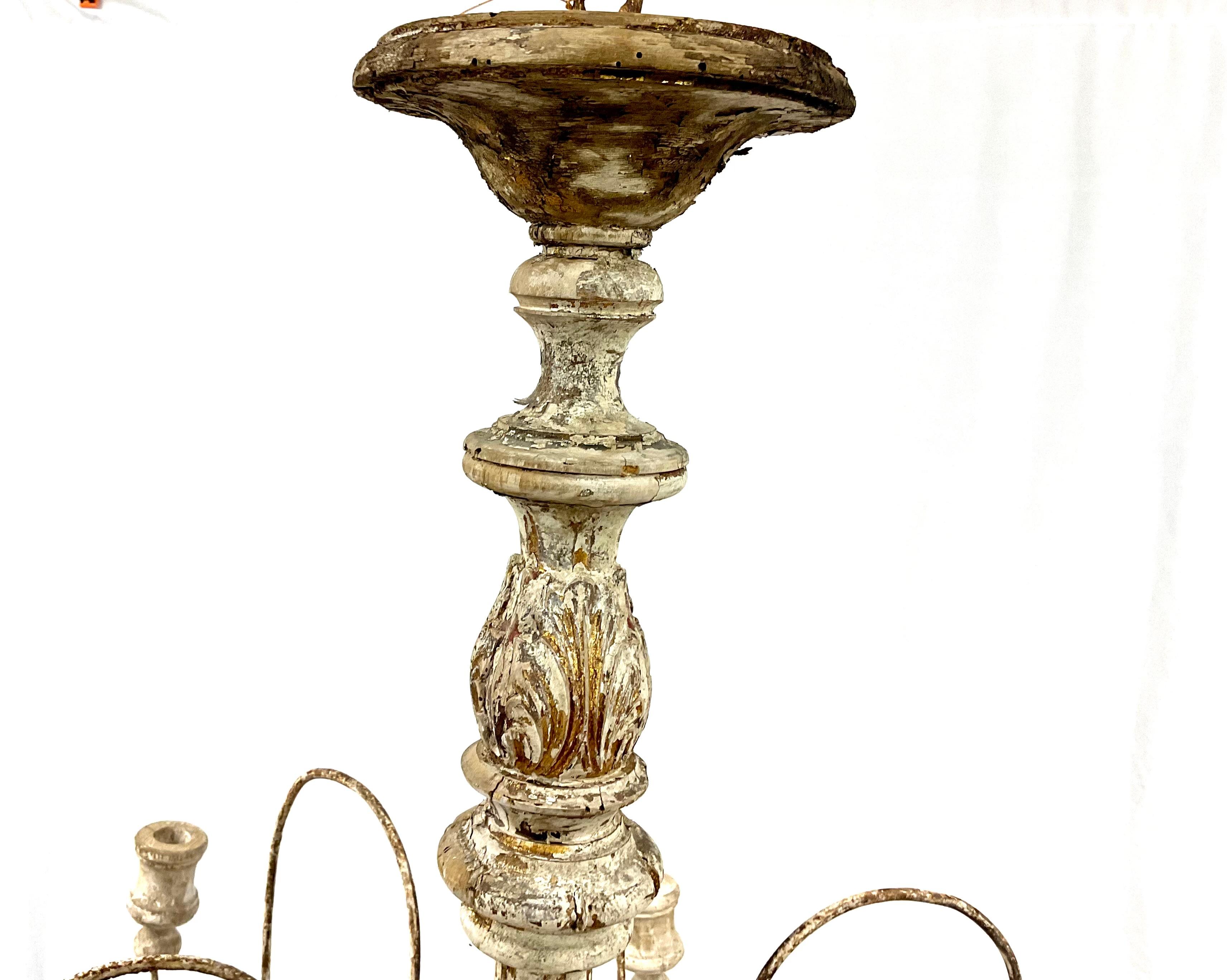 Italian Six Light Painted Wood and Iron Chandelier For Sale 1