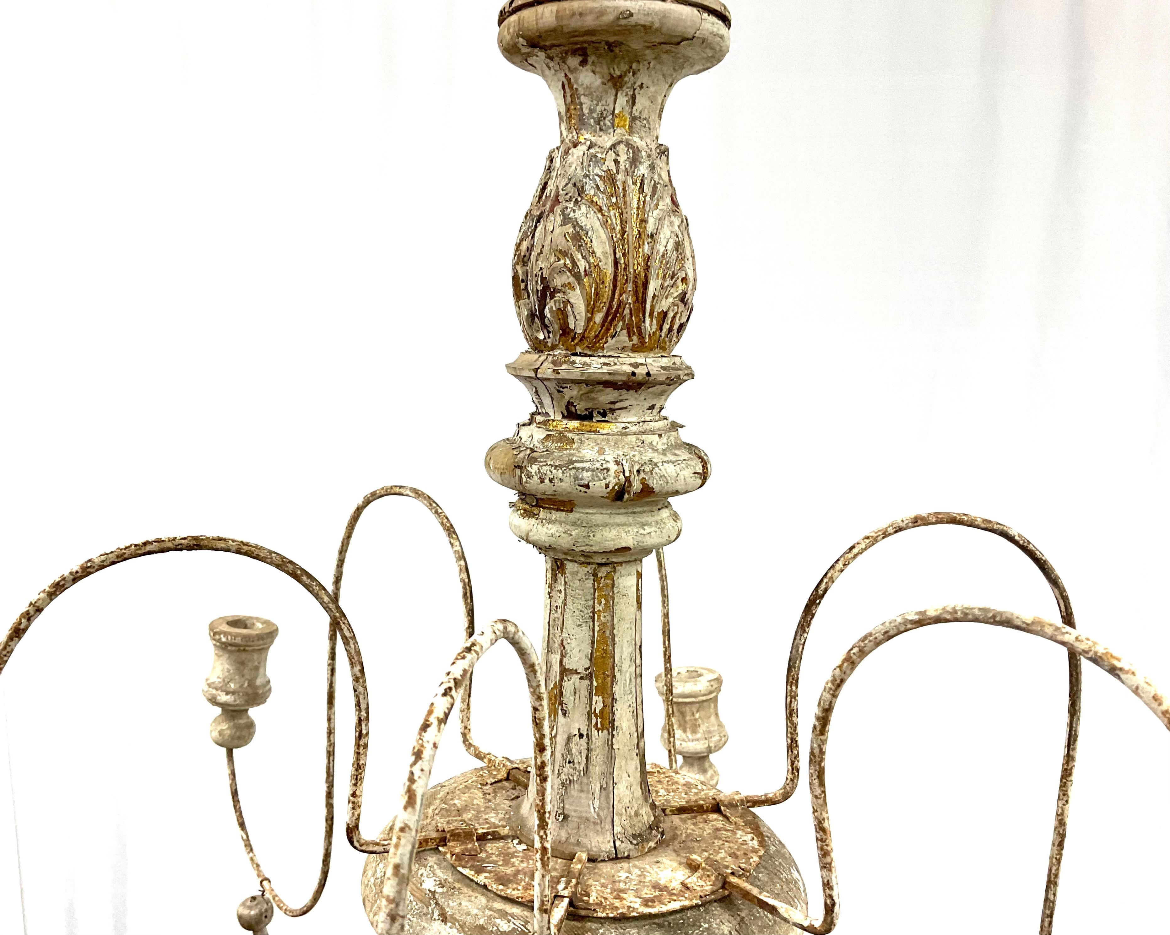 Italian Six Light Painted Wood and Iron Chandelier For Sale 2