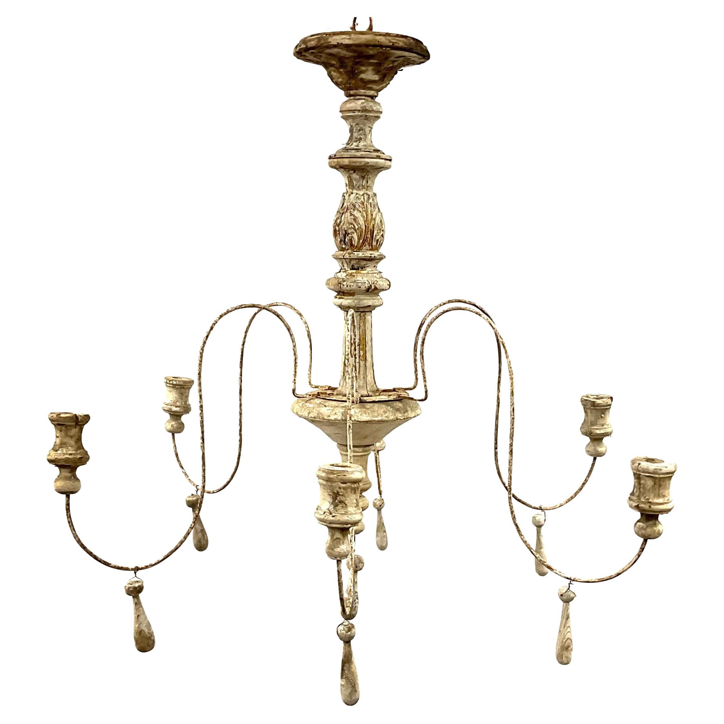 Italian Six Light Painted Wood and Iron Chandelier For Sale