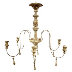 Antique Italian Six Light Painted Wood and Iron Chandelier