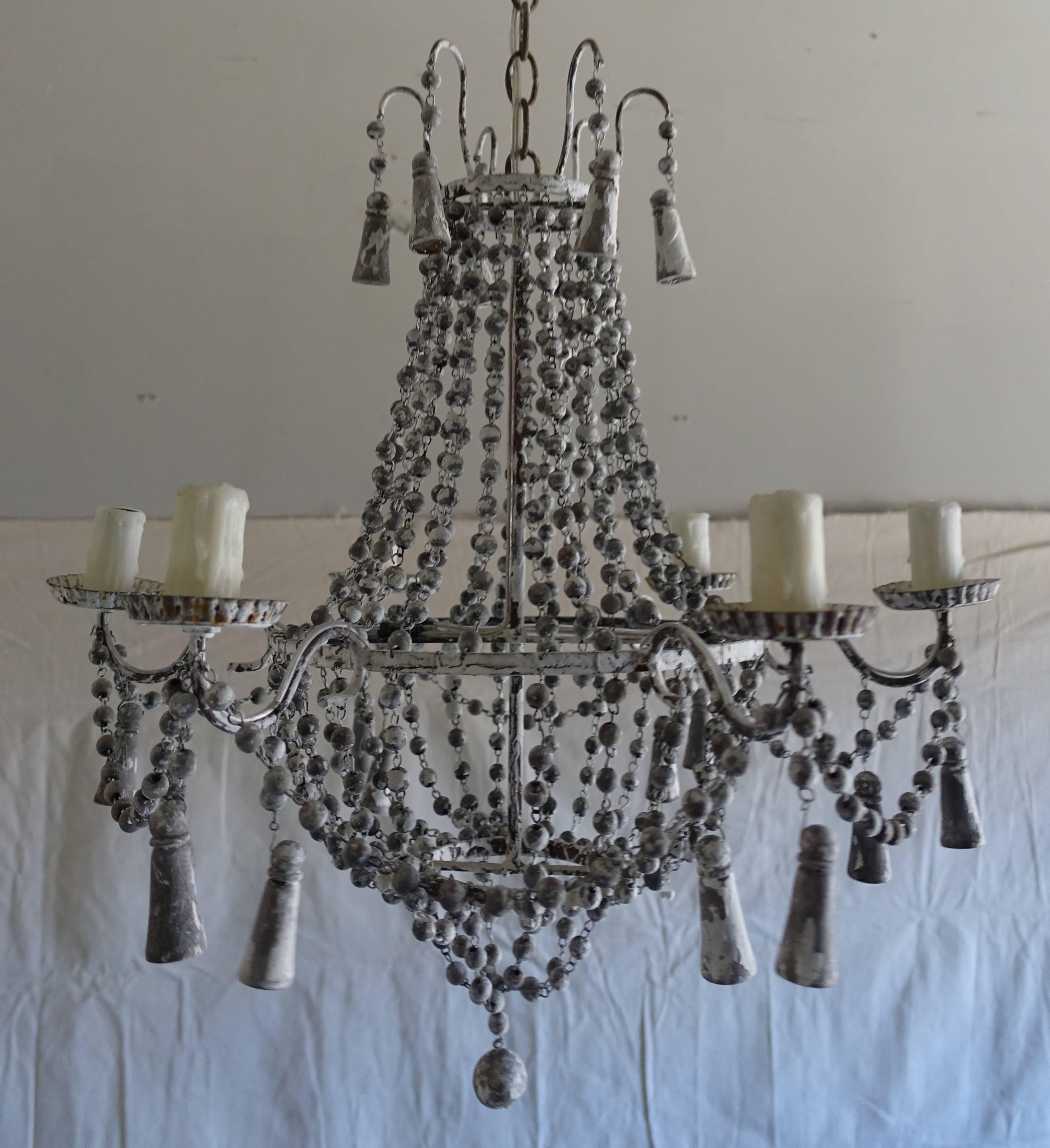 Rococo Italian Six-Light Painted Wood Beaded Chandelier