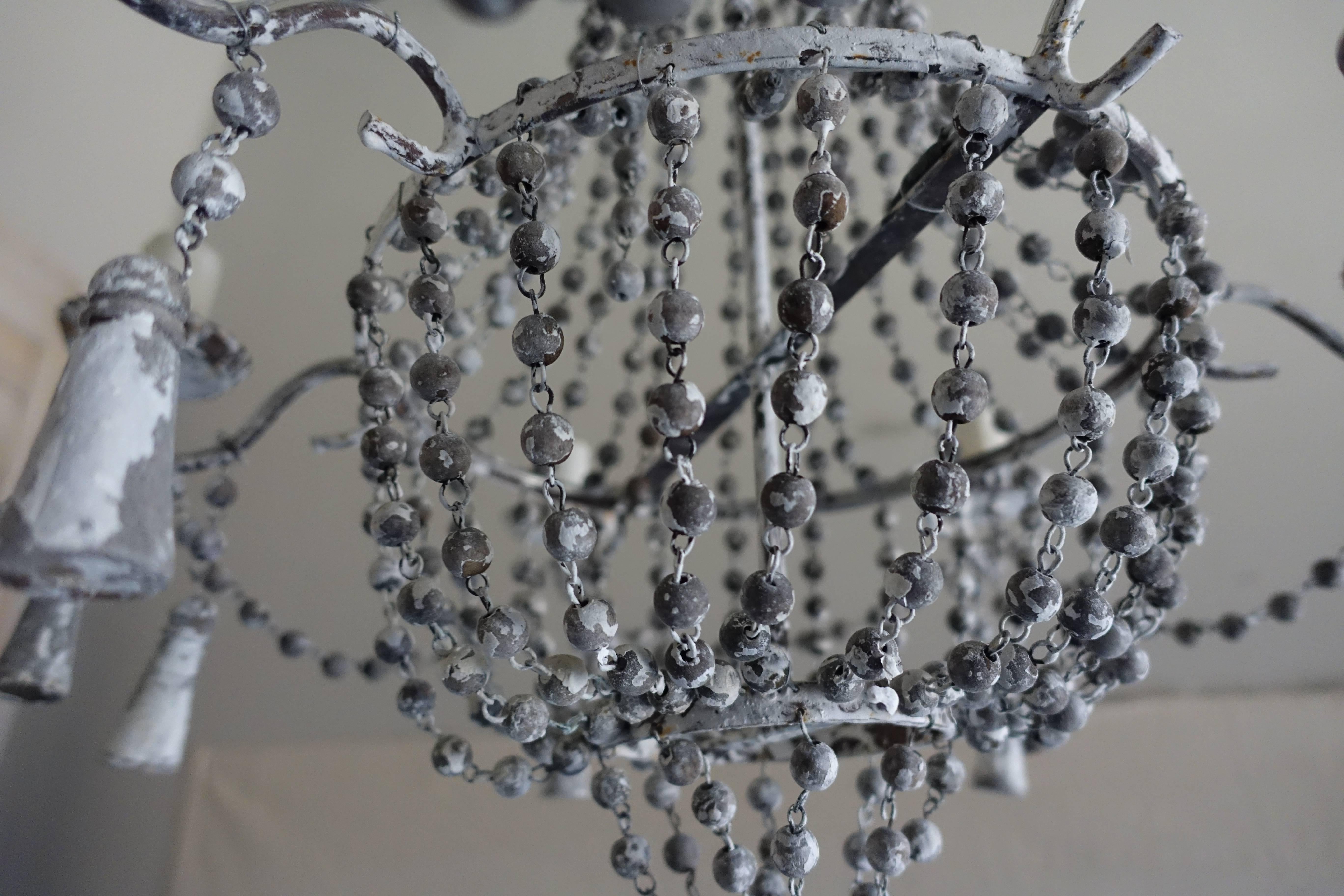 Italian Six-Light Painted Wood Beaded Chandelier In Distressed Condition In Los Angeles, CA