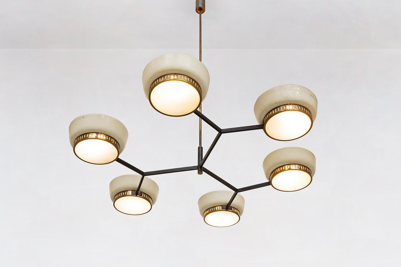 Mid-Century Modern Italian Six-Lights, Brass and Metal, Ceiling Lamp Mod.1117/6 by Stilnovo, 1958