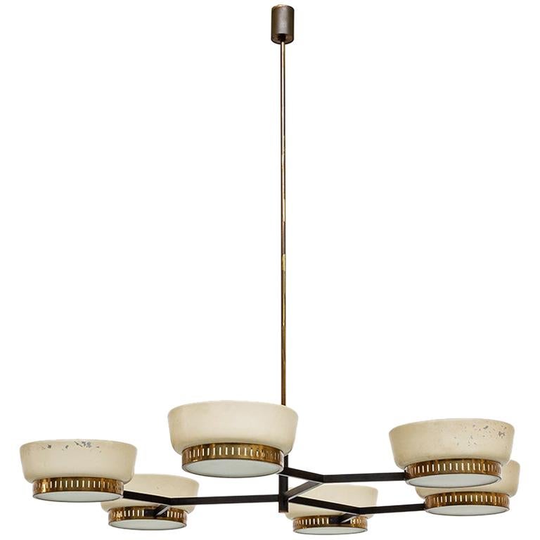 Italian Six-Lights, Brass and Metal, Ceiling Lamp Mod.1117/6 by Stilnovo, 1958