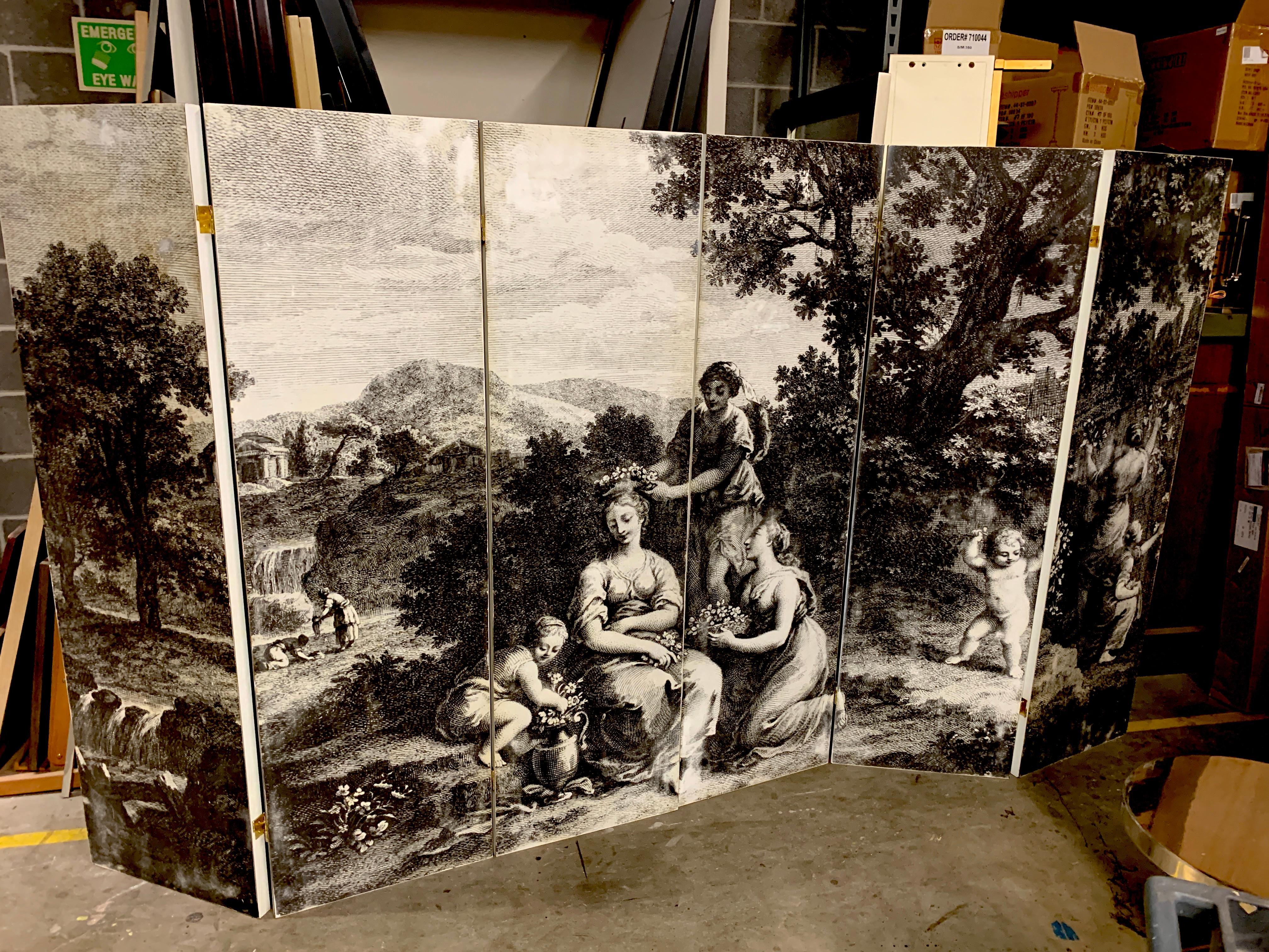 Italian six-panel neoclassical black and white screen, in two parts. Decorated with a continuous neoclassical inhabited landscape on the front, and solid white back
Consisting of six 70