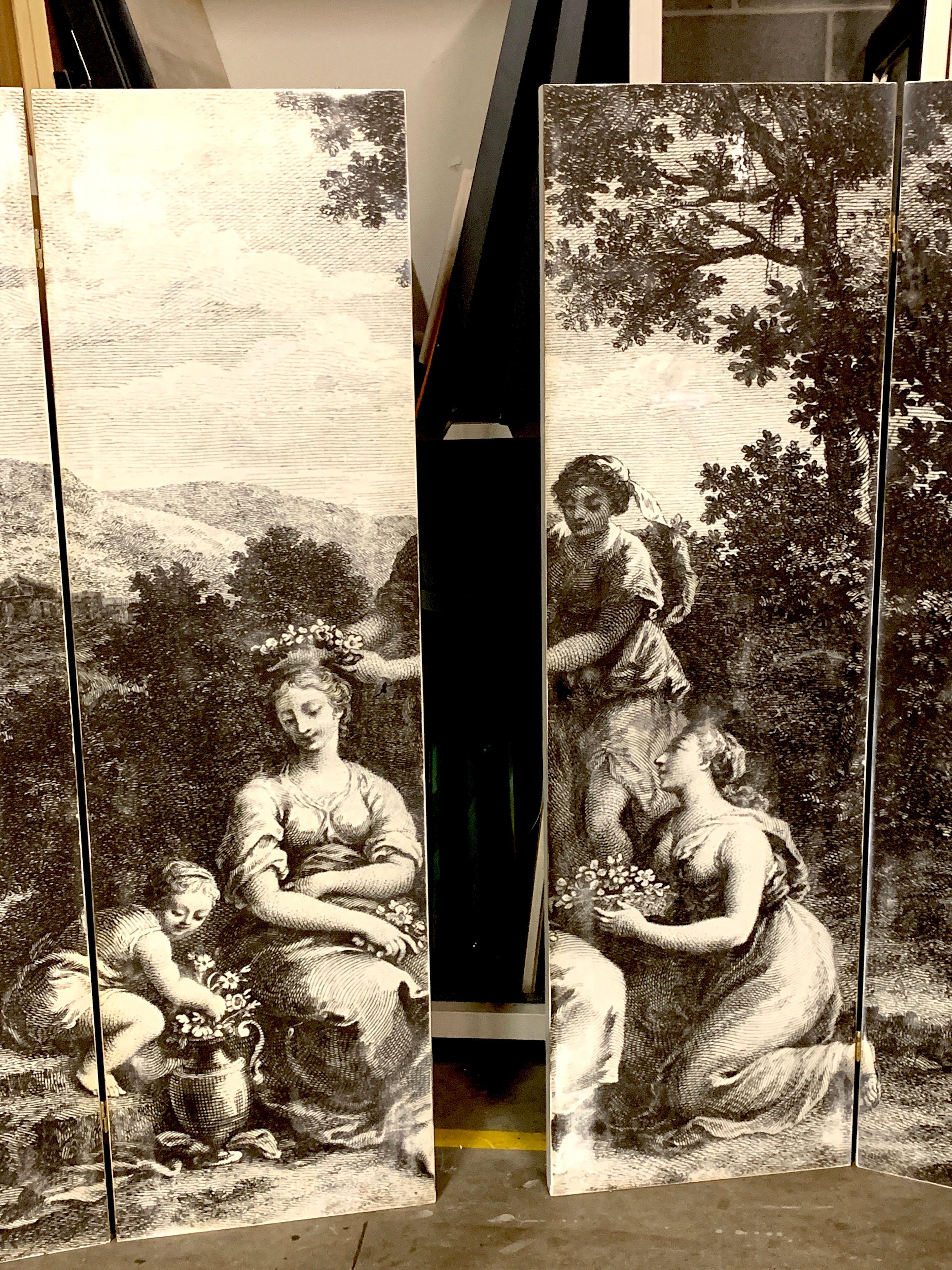 Polychromé Paravent italien néoclassique à six panneaux en noir et blanc en vente