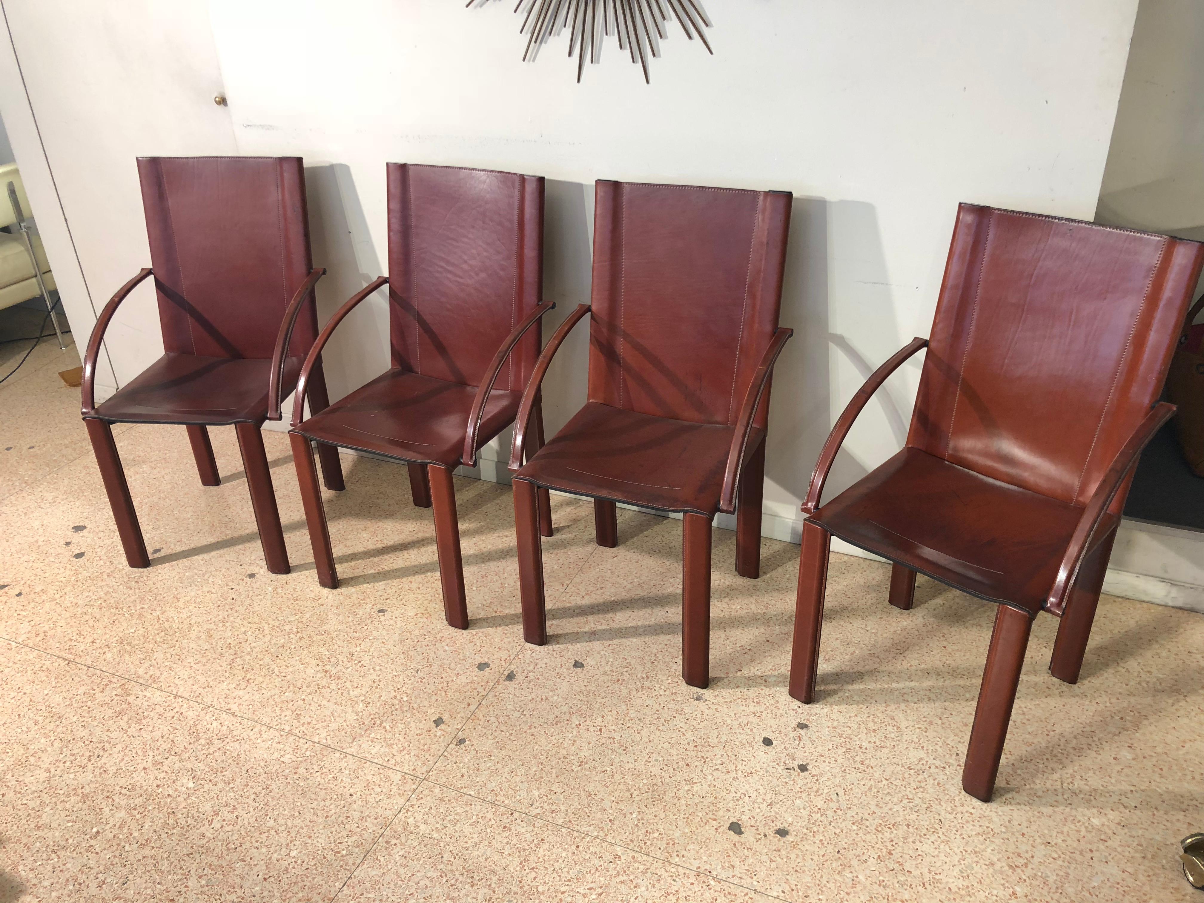 Italian Six Red Brown Leather Chairs with Armrest Signed by Matteo Grassi, 1980s 6