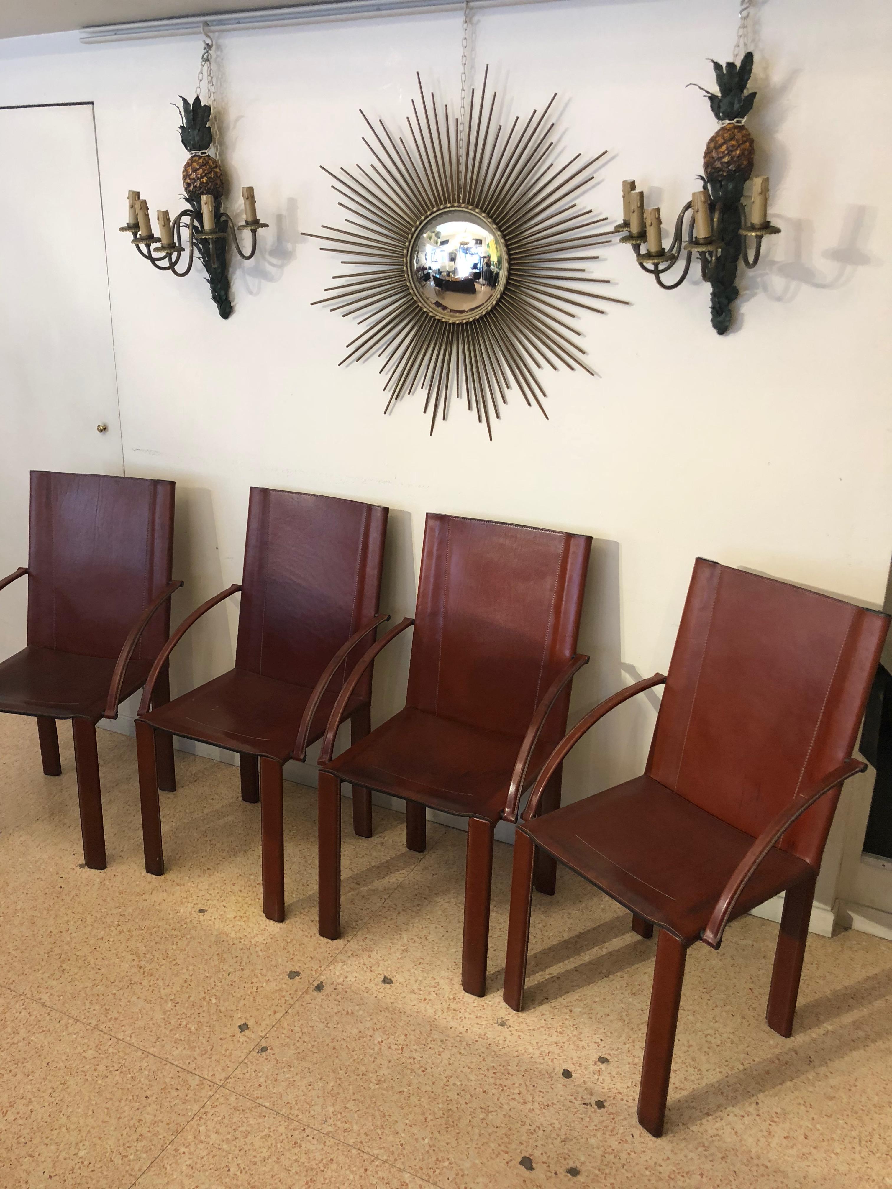 Italian Six Red Brown Leather Chairs with Armrest Signed by Matteo Grassi, 1980s 5