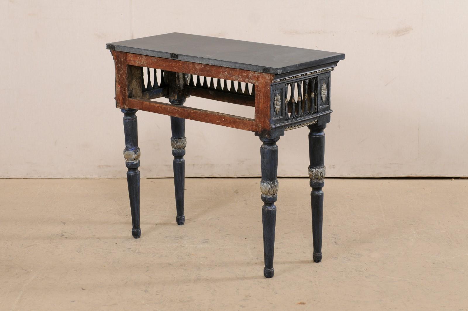 Wood Italian Slate Stone Top Console w/ Beautifully Pierce-Carved Apron, Early 19th C For Sale