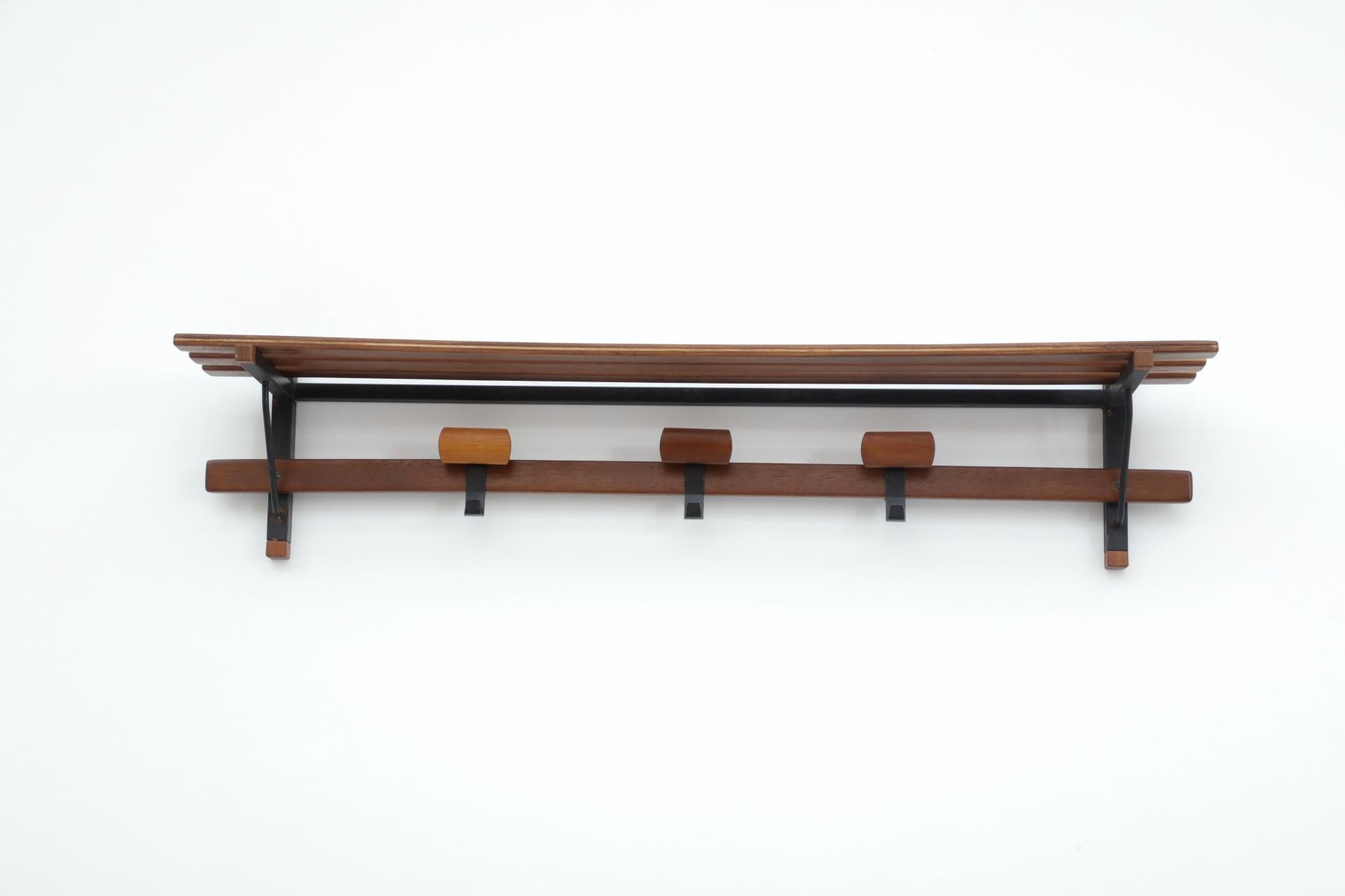 Italian Slatted Teak Wall Mount Coat Rack with Shapely Adjustable Sliding Hooks For Sale 3