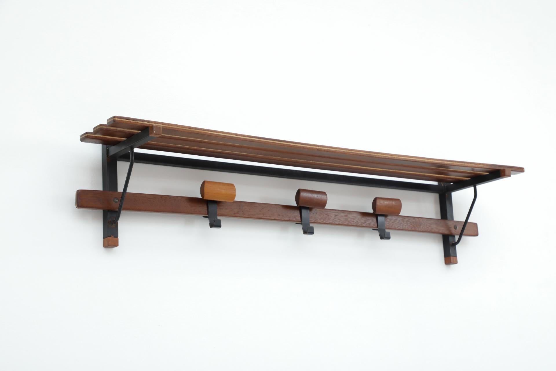 Italian Slatted Teak Wall Mount Coat Rack with Shapely Adjustable Sliding Hooks For Sale 4