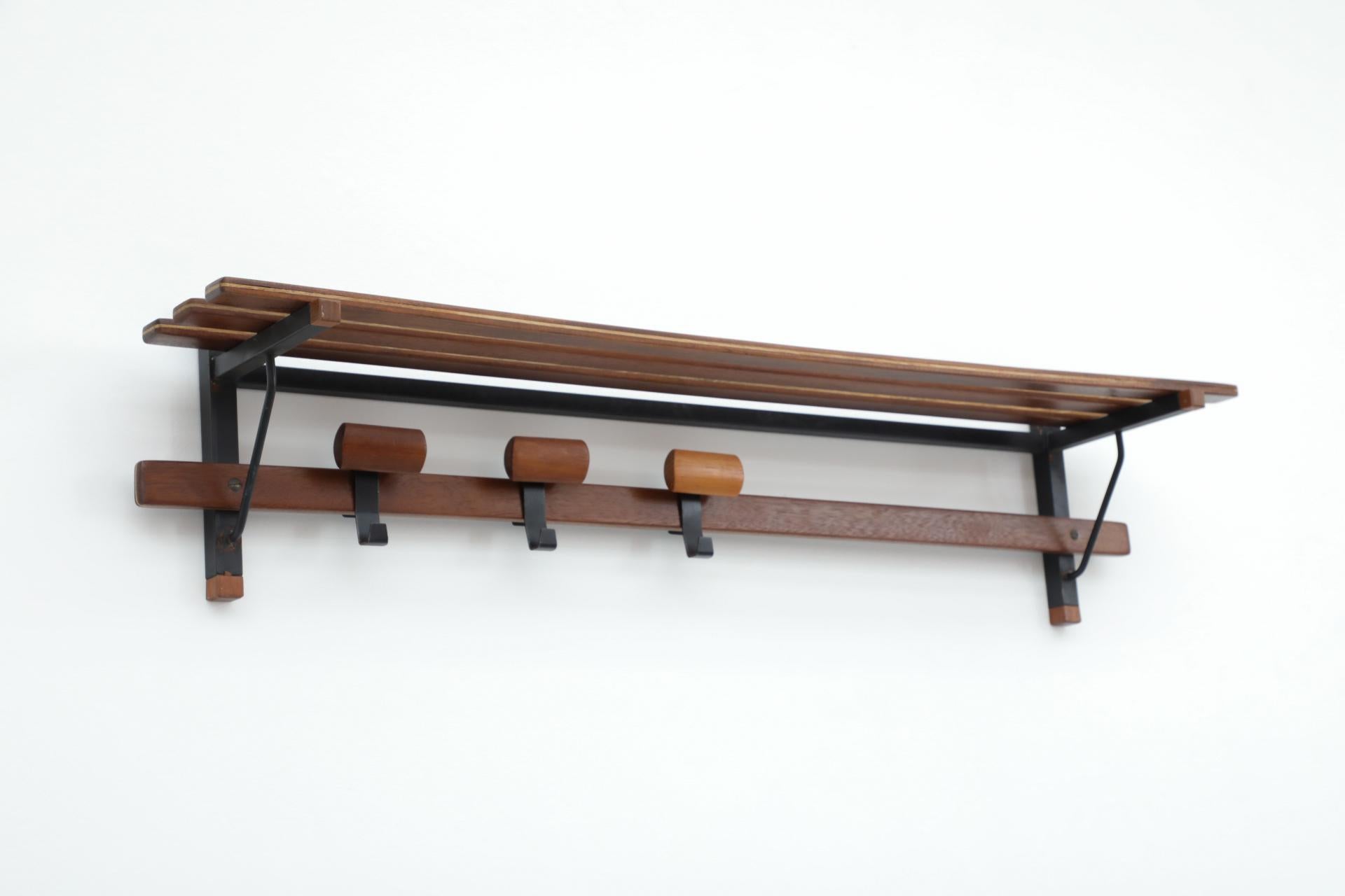 Italian Slatted Teak Wall Mount Coat Rack with Shapely Adjustable Sliding Hooks For Sale 5