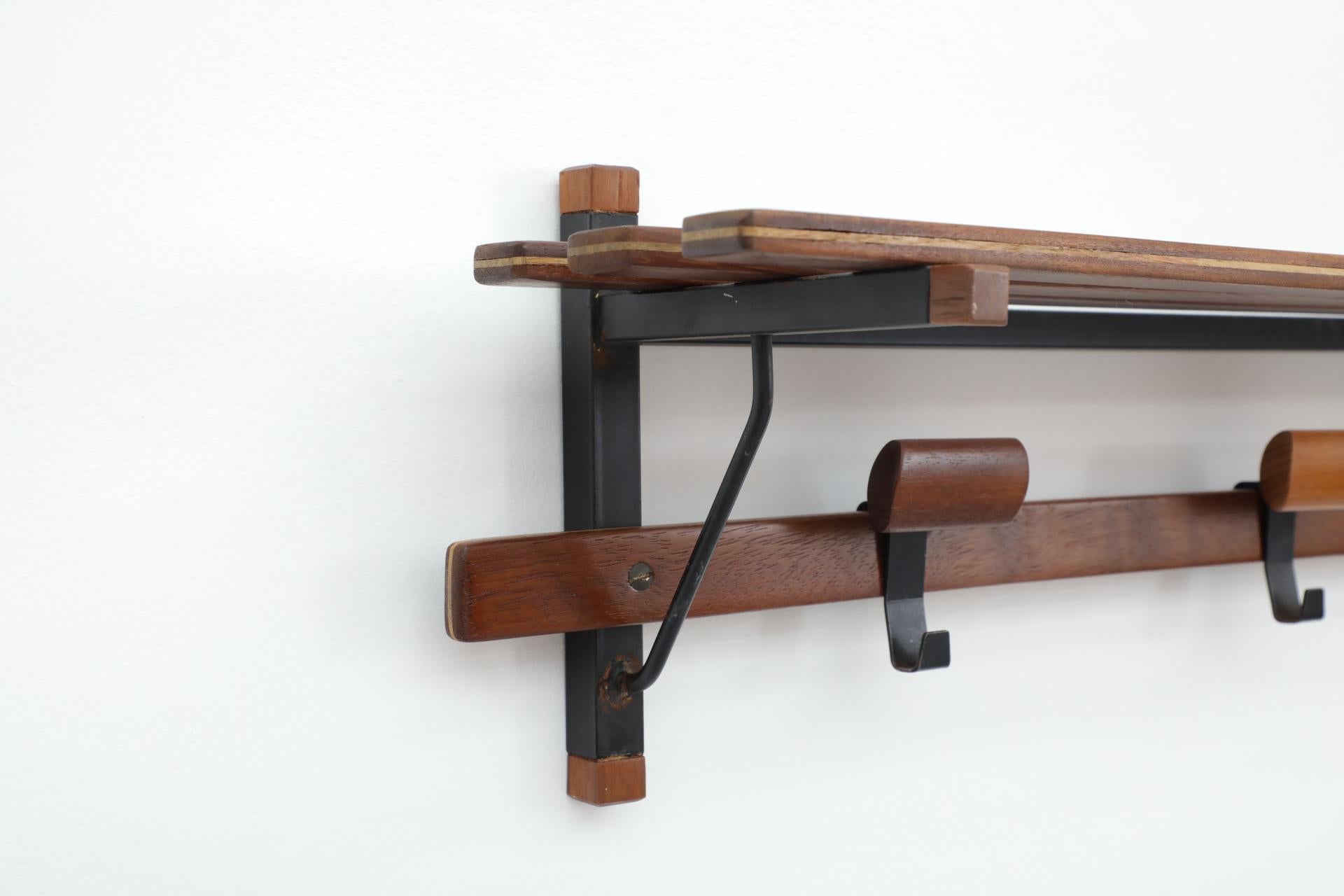 Italian Slatted Teak Wall Mount Coat Rack with Shapely Adjustable Sliding Hooks For Sale 6