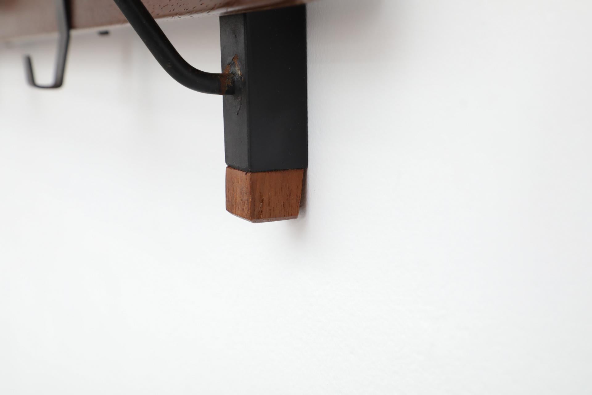 Italian Slatted Teak Wall Mount Coat Rack with Shapely Adjustable Sliding Hooks For Sale 7