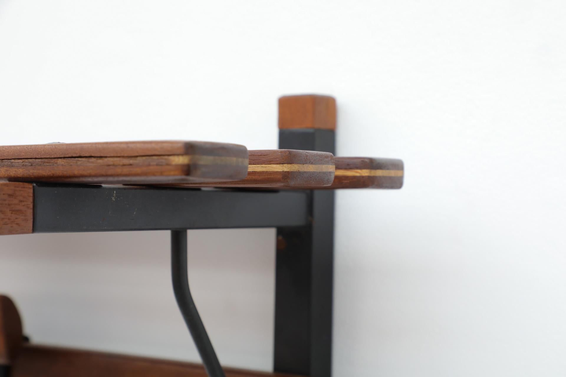 Italian Slatted Teak Wall Mount Coat Rack with Shapely Adjustable Sliding Hooks For Sale 9