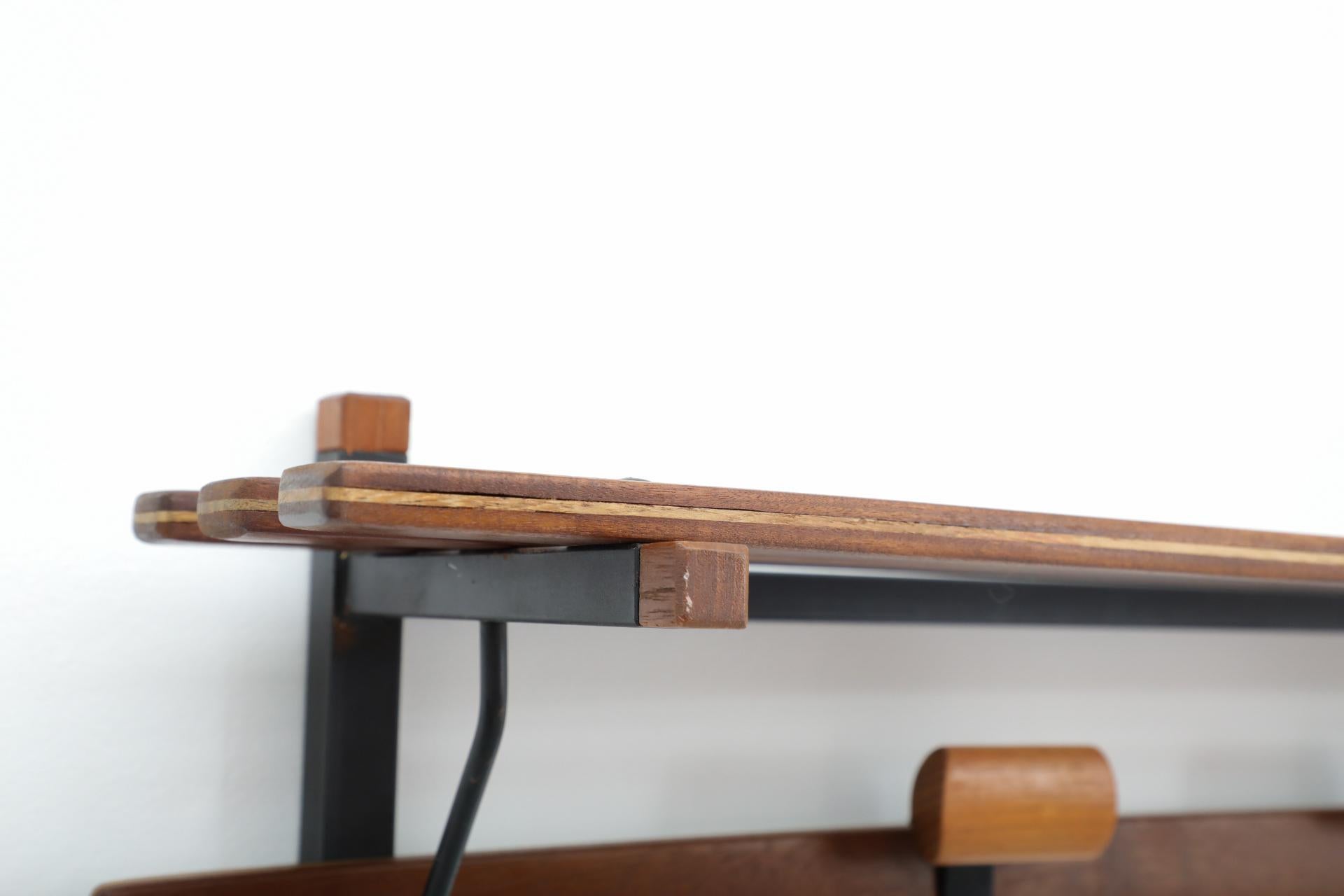 Mid-Century Modern Italian Slatted Teak Wall Mount Coat Rack with Shapely Adjustable Sliding Hooks For Sale