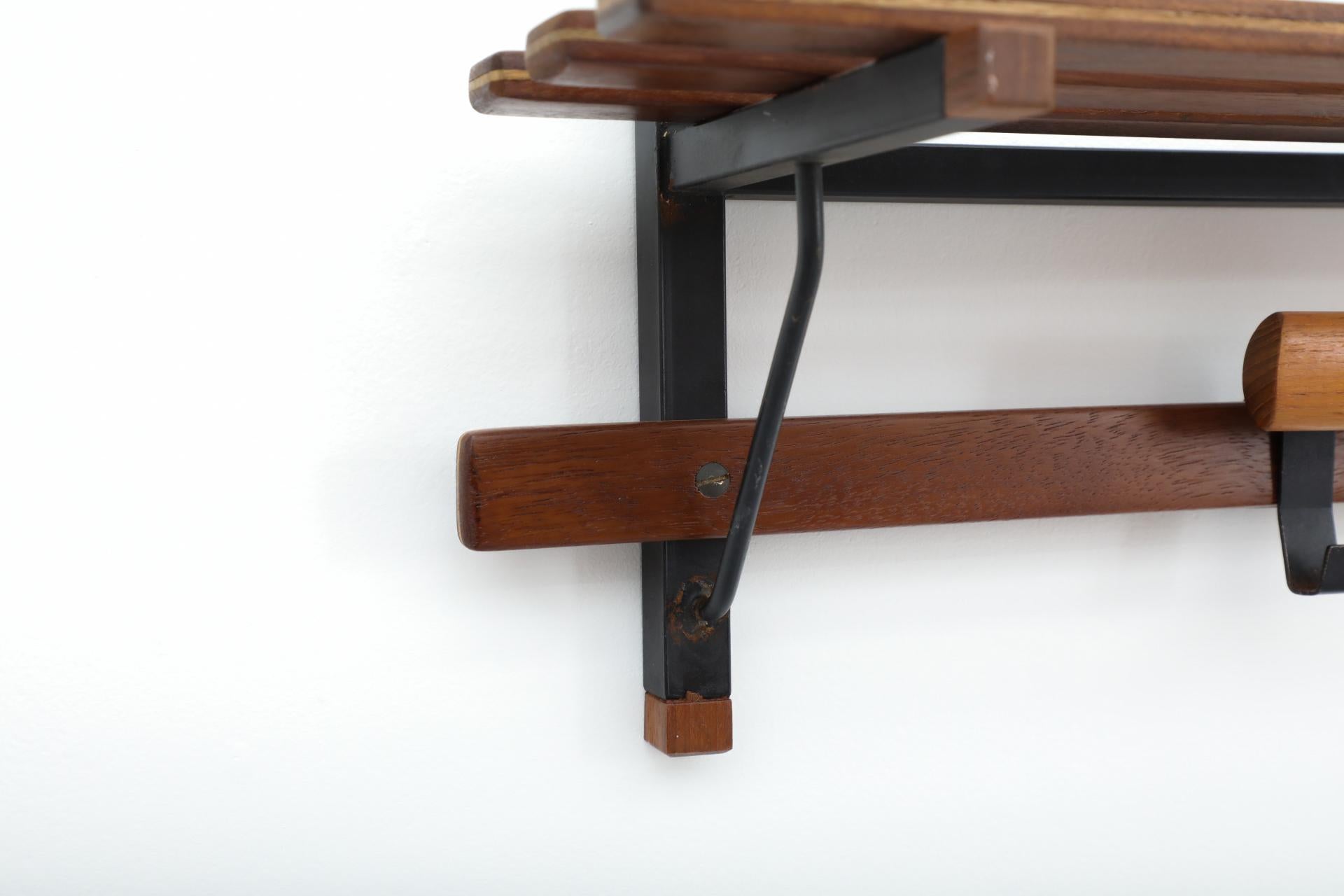 Enameled Italian Slatted Teak Wall Mount Coat Rack with Shapely Adjustable Sliding Hooks For Sale
