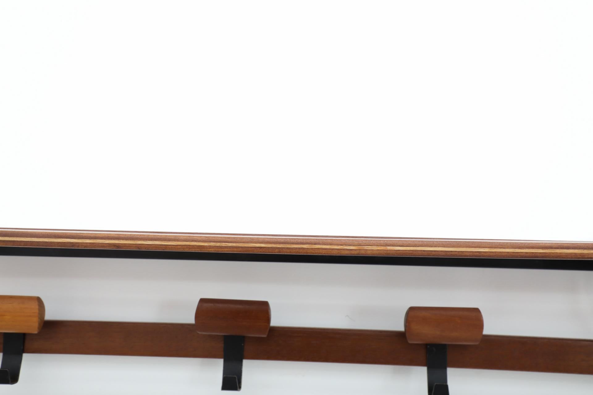 20th Century Italian Slatted Teak Wall Mount Coat Rack with Shapely Adjustable Sliding Hooks For Sale