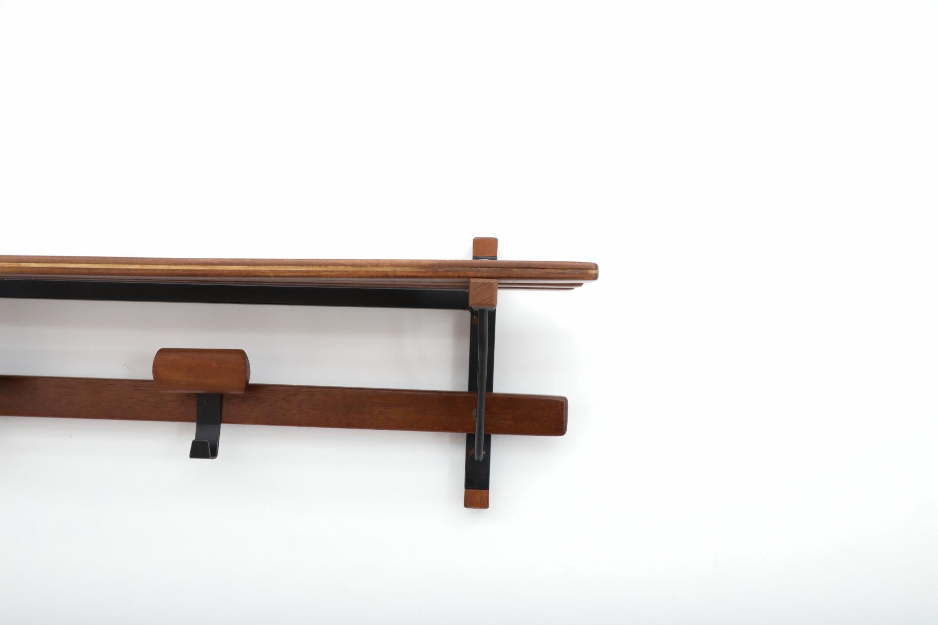 Metal Italian Slatted Teak Wall Mount Coat Rack with Shapely Adjustable Sliding Hooks For Sale