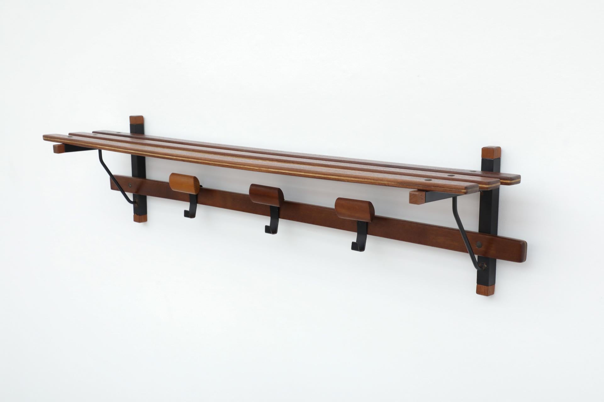 Italian Slatted Teak Wall Mount Coat Rack with Shapely Adjustable Sliding Hooks For Sale 1