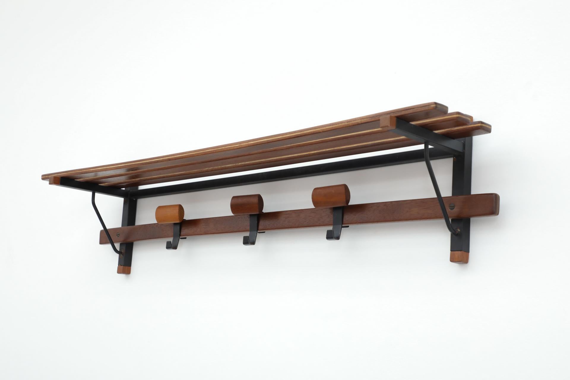 Italian Slatted Teak Wall Mount Coat Rack with Shapely Adjustable Sliding Hooks For Sale 2