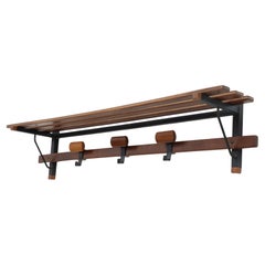 Italian Slatted Teak Wall Mount Coat Rack with Shapely Adjustable Sliding Hooks