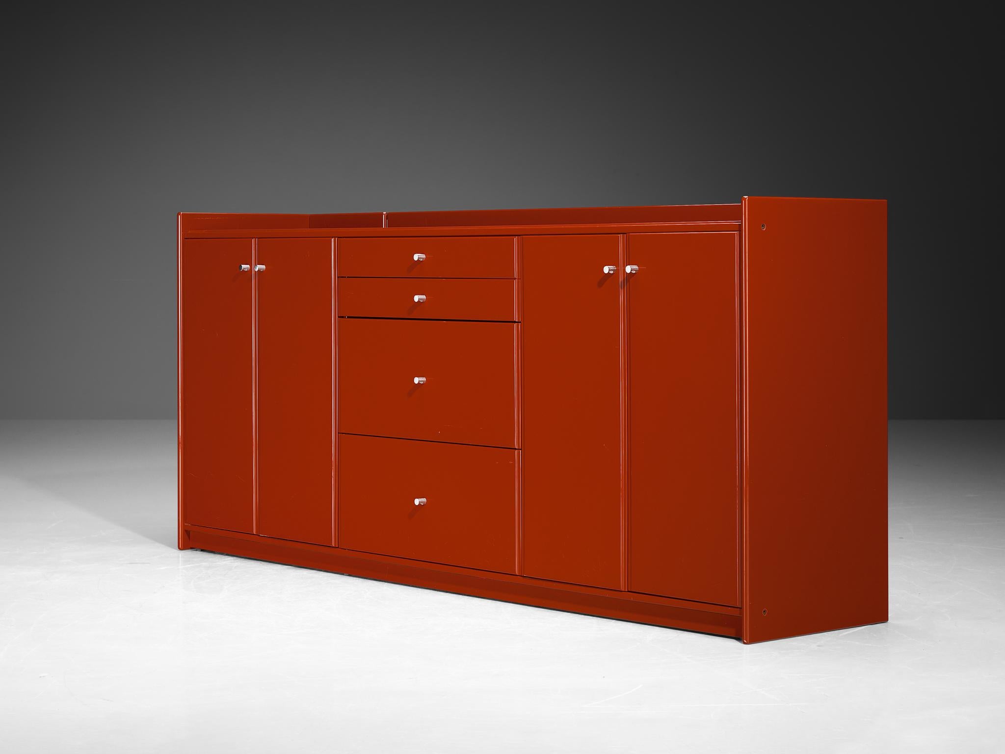 Aluminum Italian Sleek Sideboard in Cherry Red High Gloss Lacquered Wood