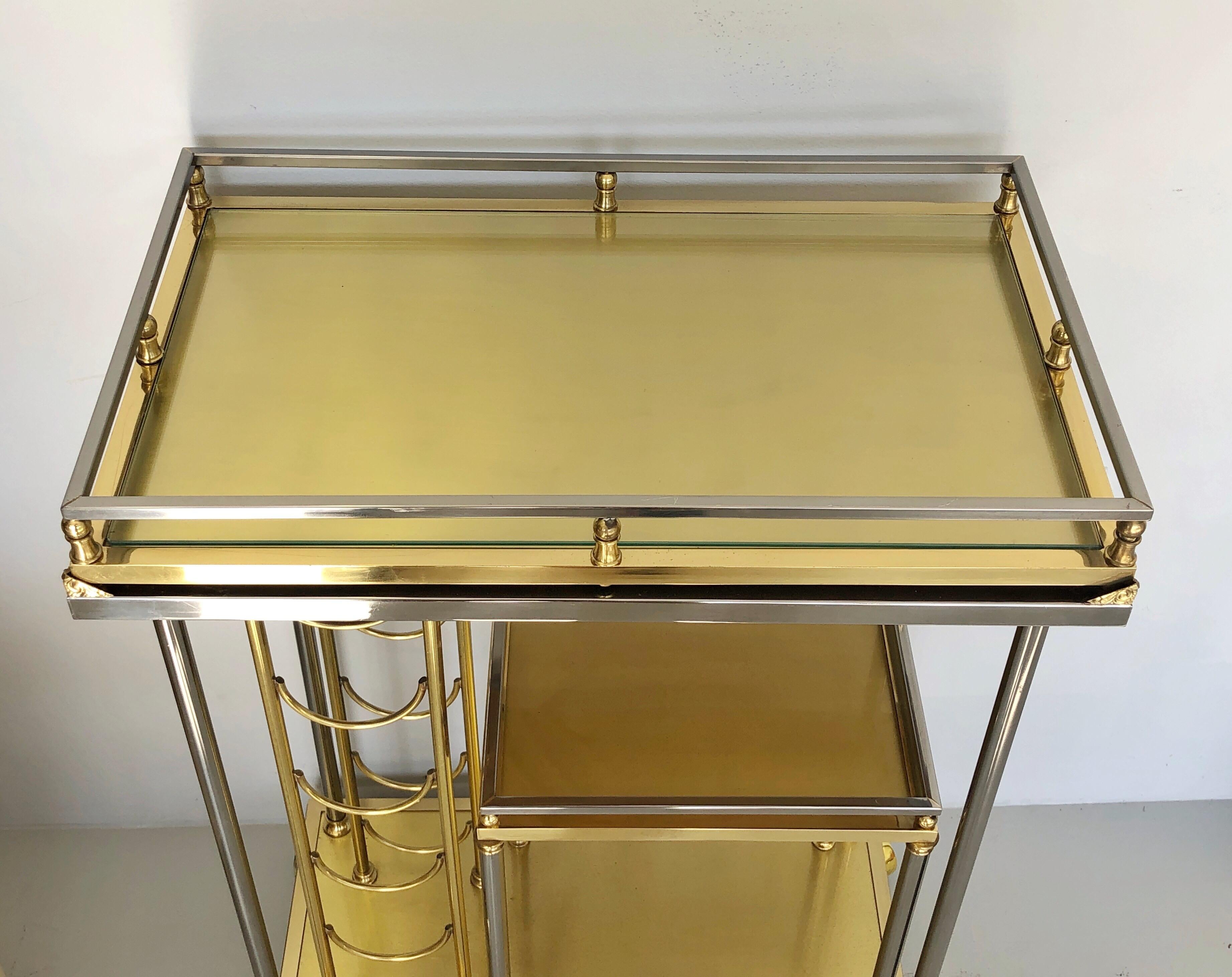 Italian Slender Brass Bar Cart with Removable Tray and Wine Rack In Good Condition In Miami, FL