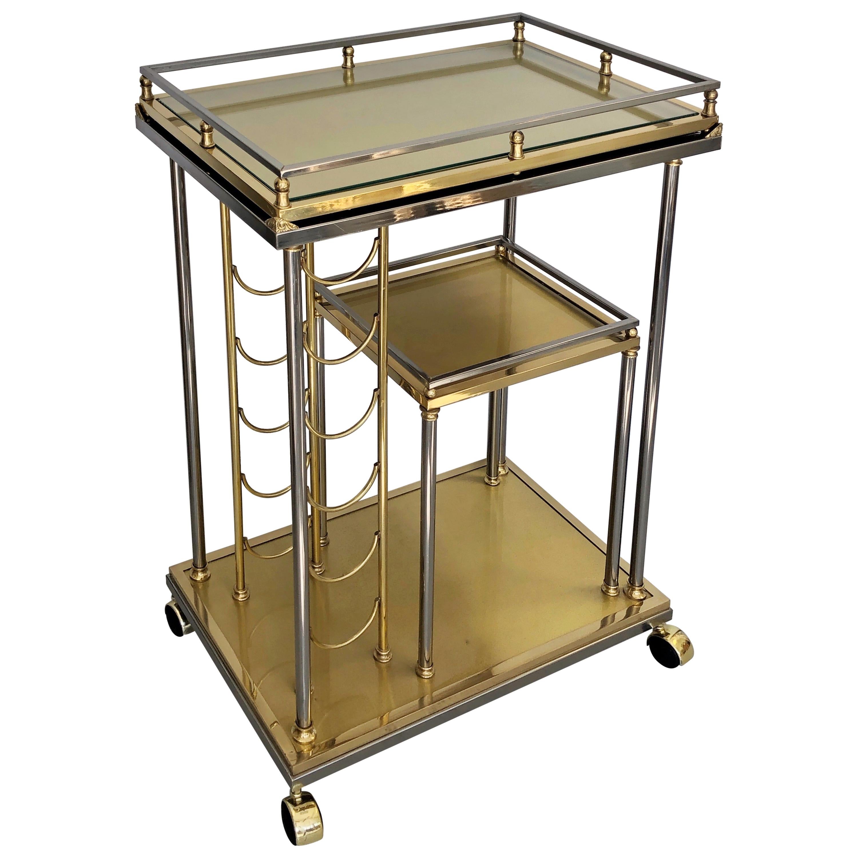 Italian Slender Brass Bar Cart with Removable Tray and Wine Rack