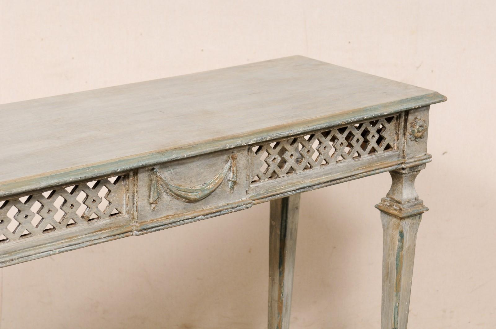 20th Century Italian Slender Console Table with Beautifully Pierce-Carved Lattice Apron