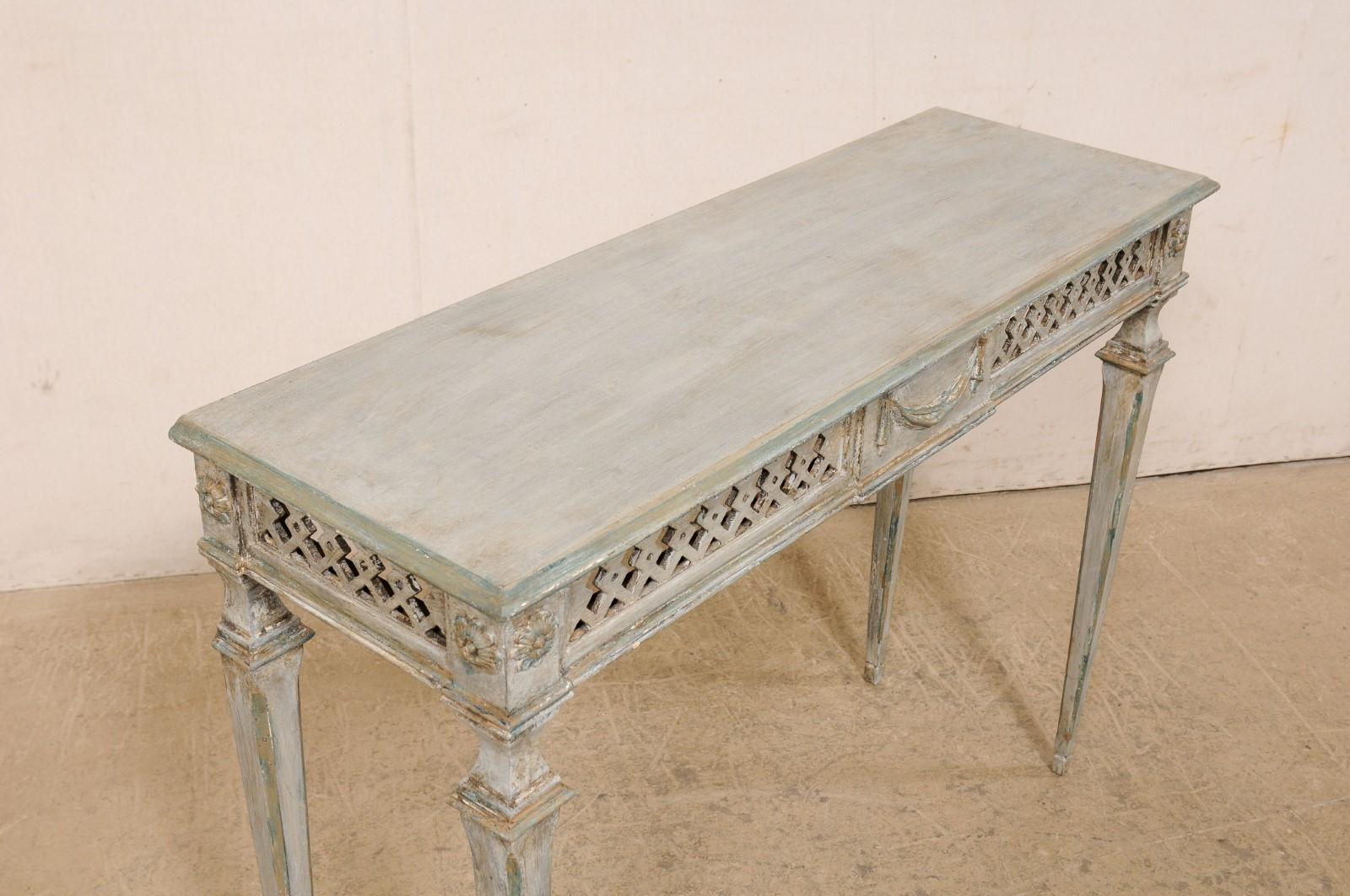 Wood Italian Slender Console Table with Beautifully Pierce-Carved Lattice Apron