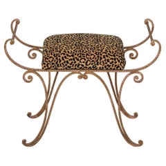 Italian Small Gilt Metal Bench with Leopard Chenille