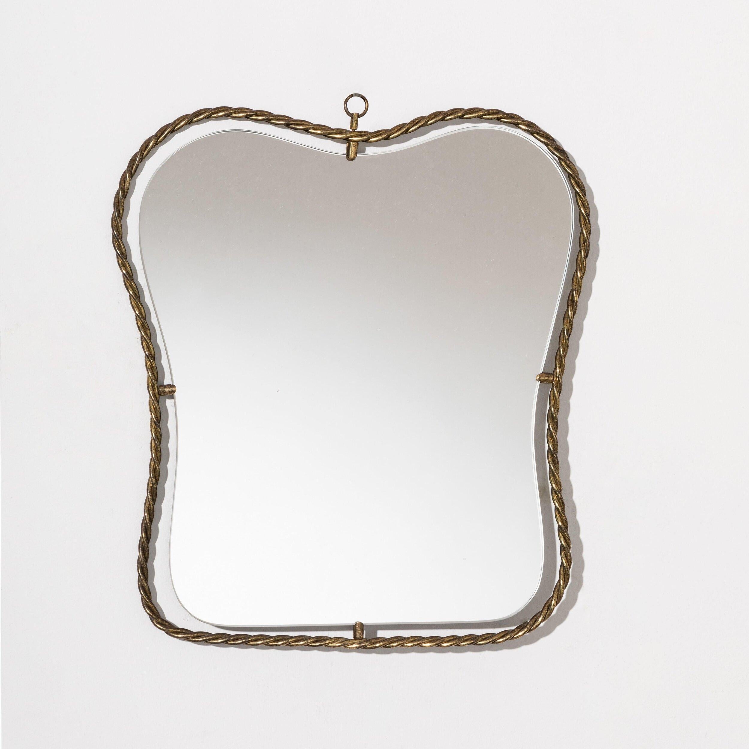 A small organic wall mirror, produced in Italy, 1950s. Organically cut mirror glass is framed in ribbon-shaped brass.

Other designers of the period include Gio Ponti, Fontana Arte, Max Ingrand, Franco Albini, and Josef Frank.