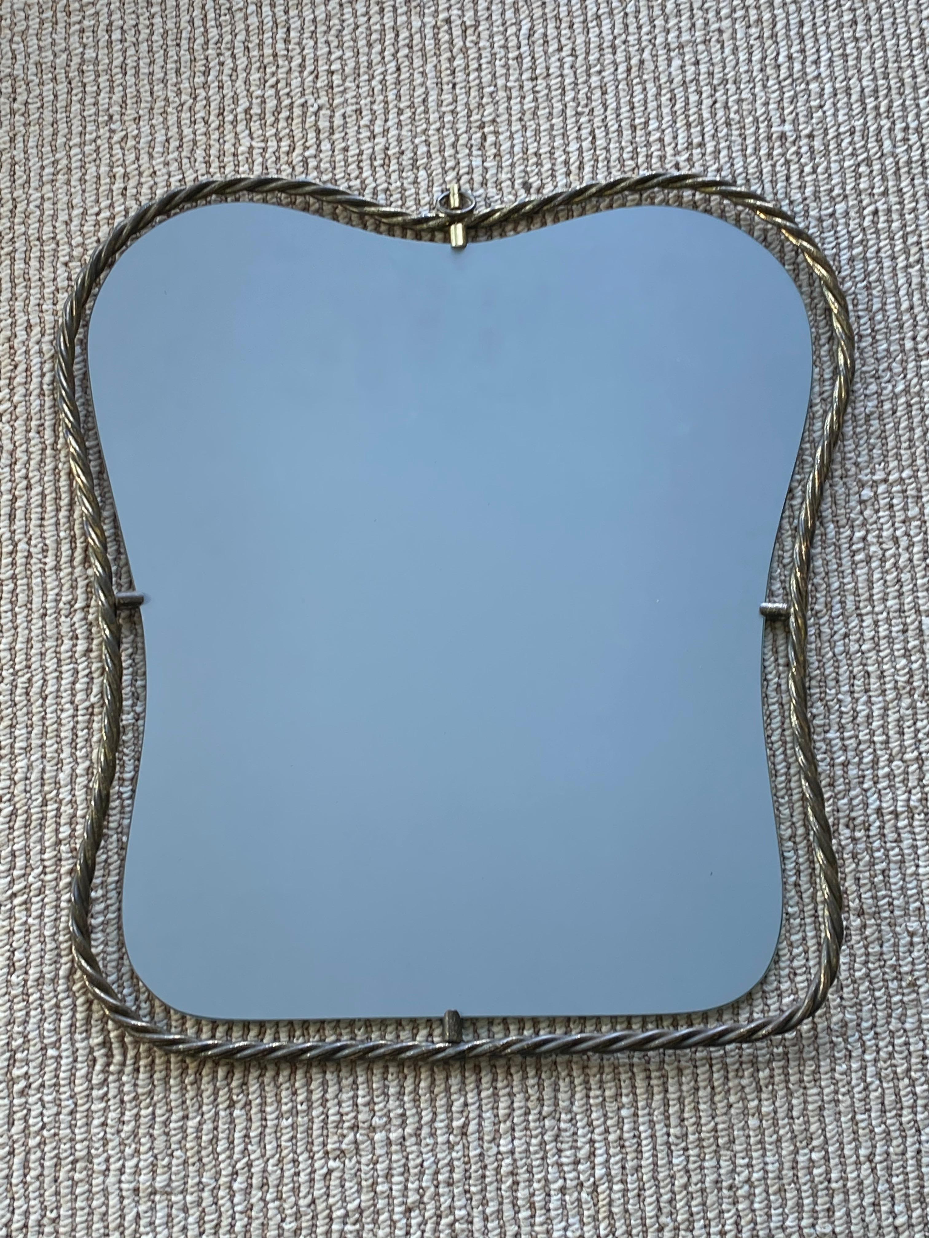 Italian, Small Organic Wall Mirror, Brass, Mirror Glass, Italy, 1950s In Good Condition In High Point, NC