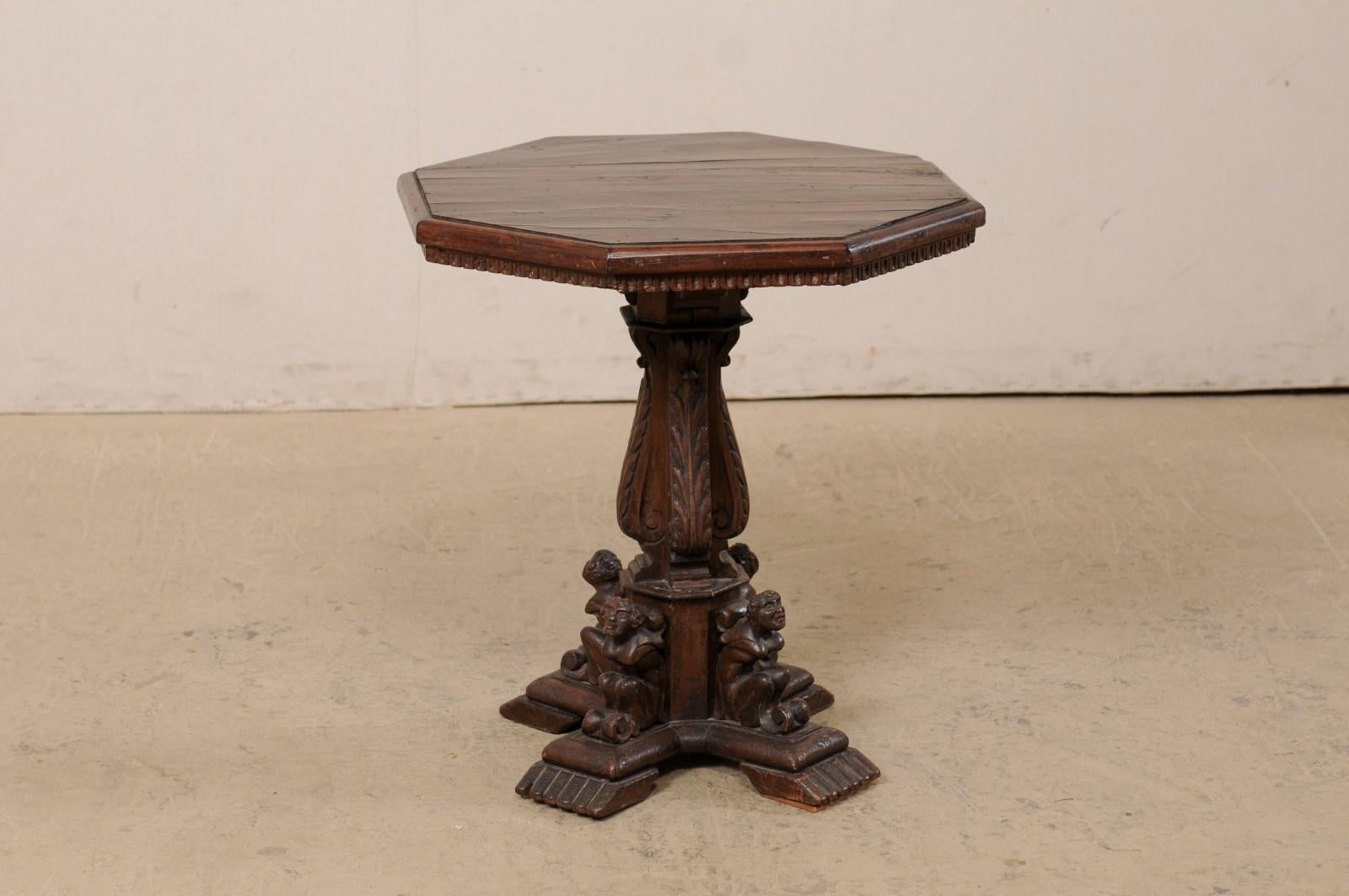 Italian Small Pedestal Table w/Carved Figures & Octagon Top, Early 19th C 5