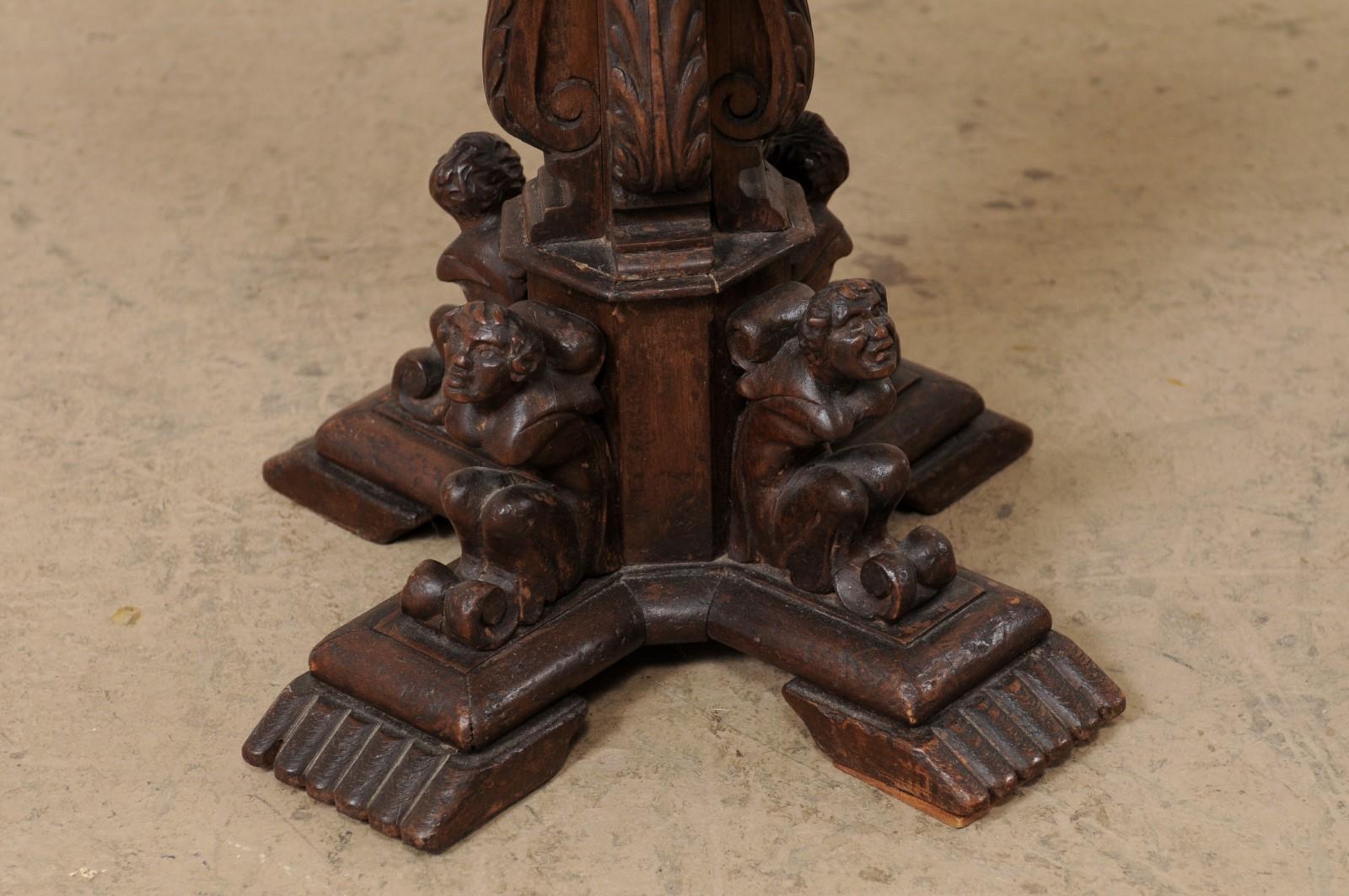 Italian Small Pedestal Table w/Carved Figures & Octagon Top, Early 19th C 6