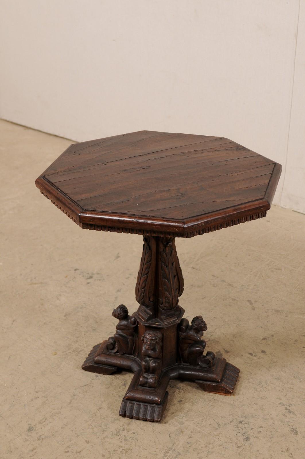 19th Century Italian Small Pedestal Table w/Carved Figures & Octagon Top, Early 19th C