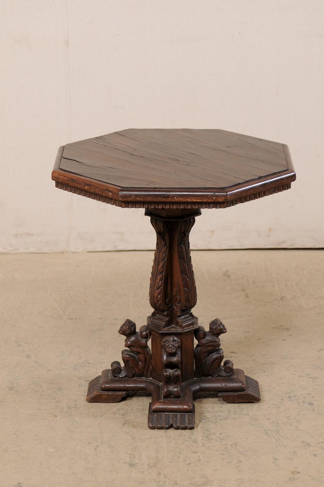 Wood Italian Small Pedestal Table w/Carved Figures & Octagon Top, Early 19th C