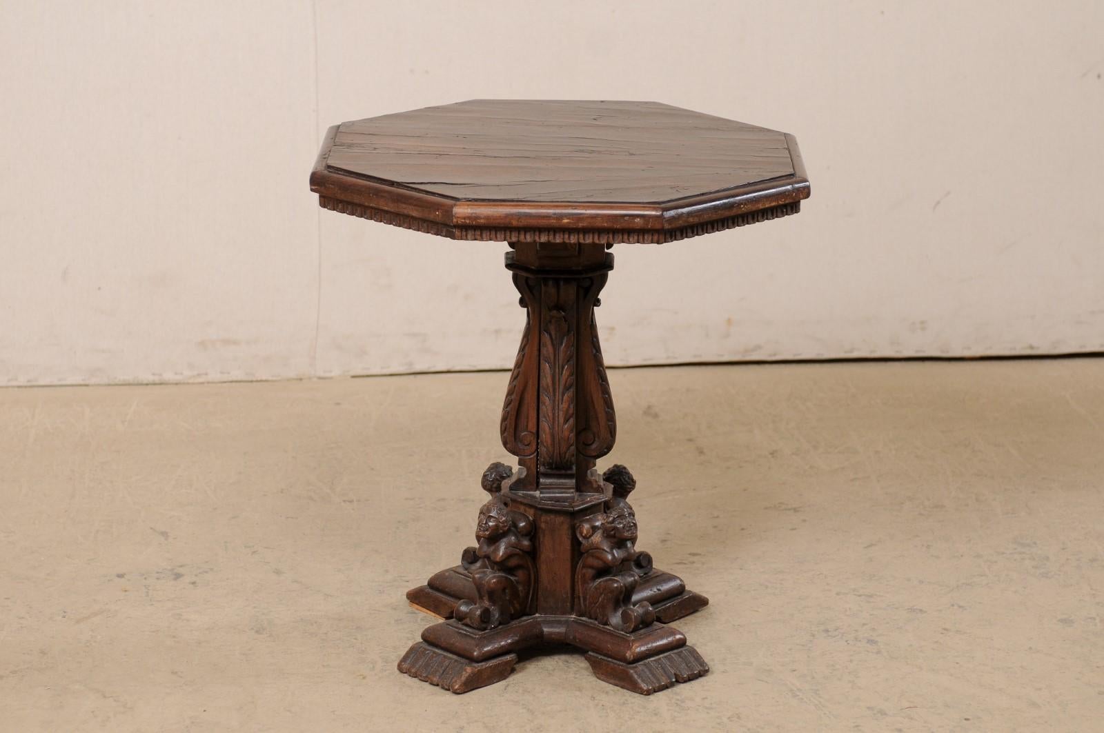 Italian Small Pedestal Table w/Carved Figures & Octagon Top, Early 19th C 1