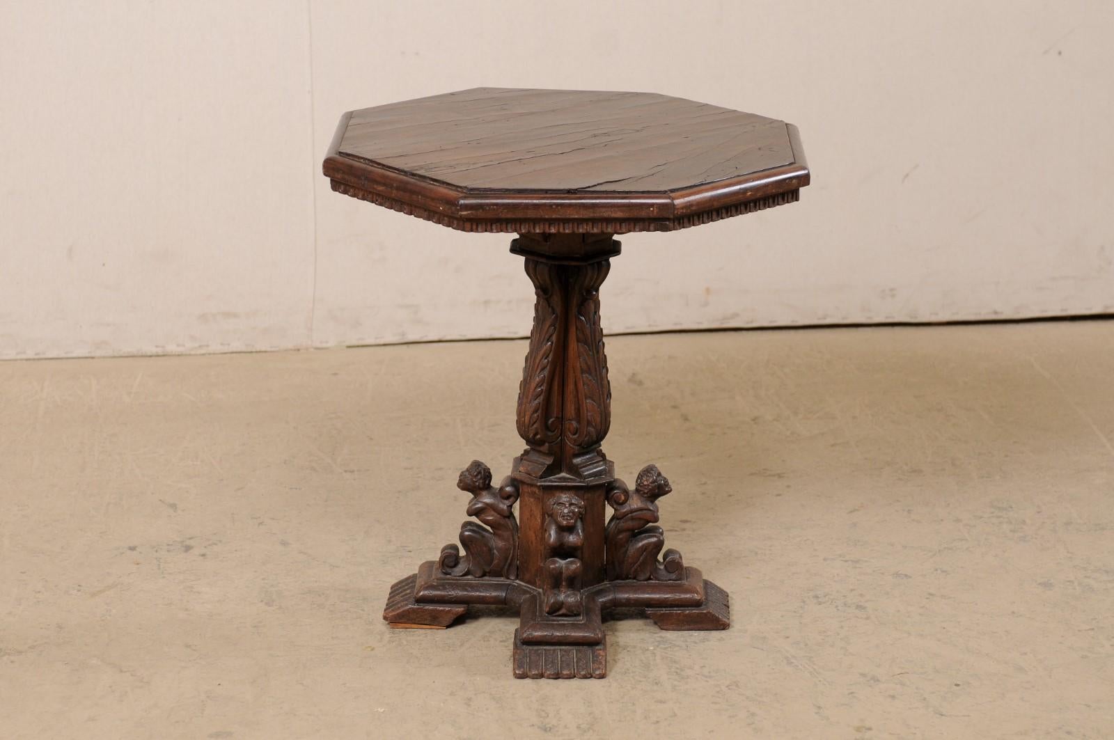 Italian Small Pedestal Table w/Carved Figures & Octagon Top, Early 19th C 2