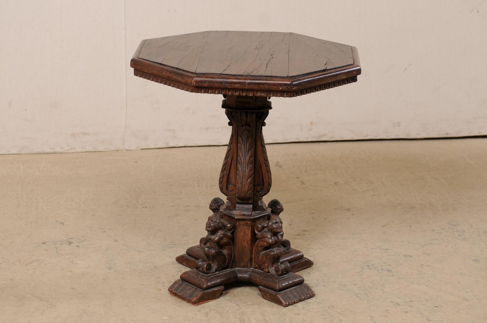 Italian Small Pedestal Table w/Carved Figures & Octagon Top, Early 19th C 3