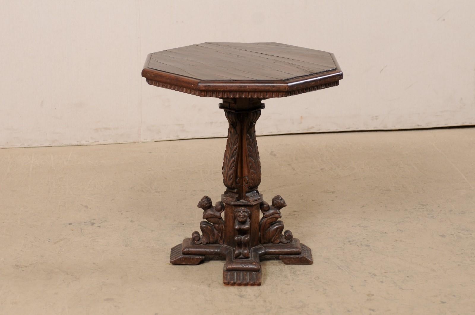 Italian Small Pedestal Table w/Carved Figures & Octagon Top, Early 19th C 4