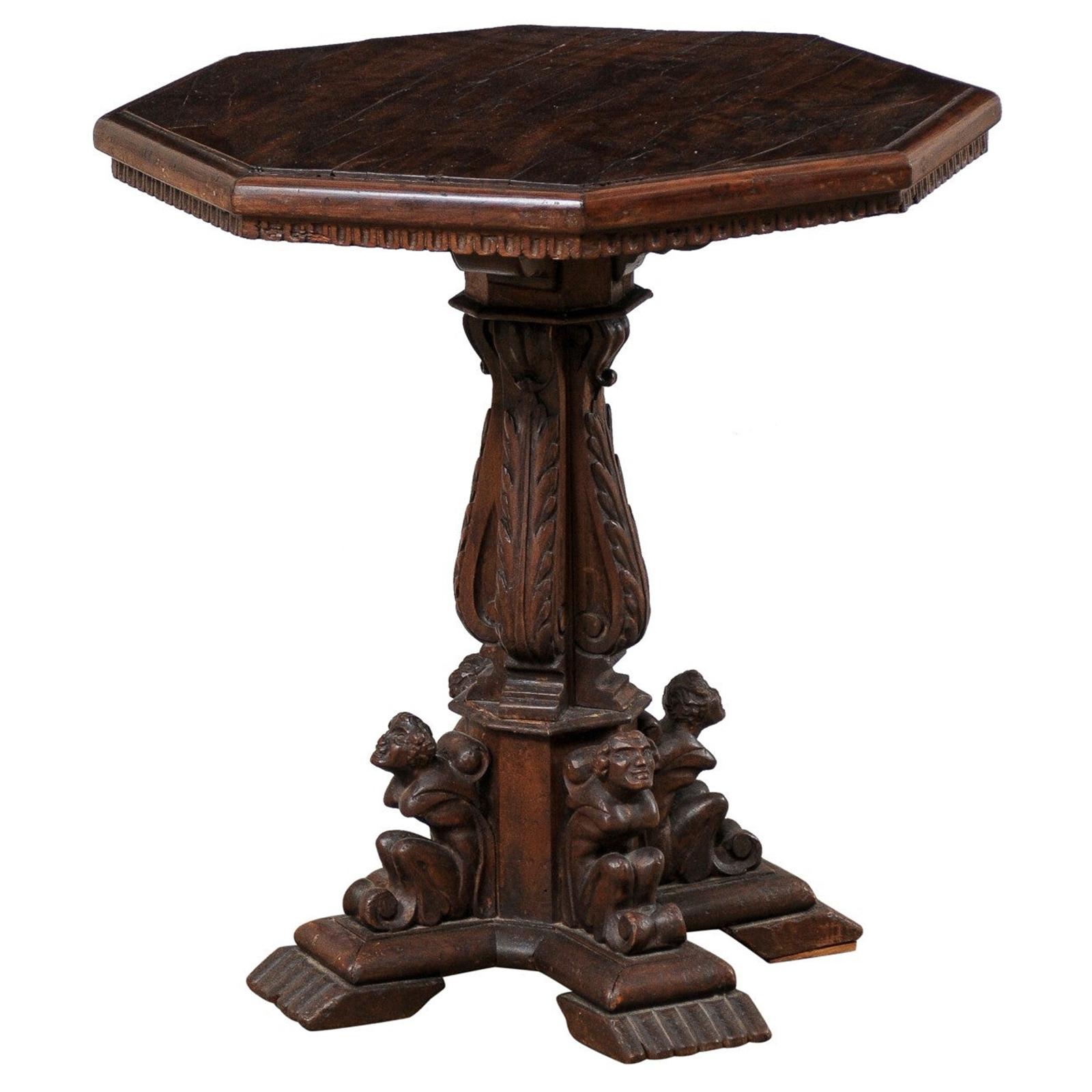 Italian Small Pedestal Table w/Carved Figures & Octagon Top, Early 19th C