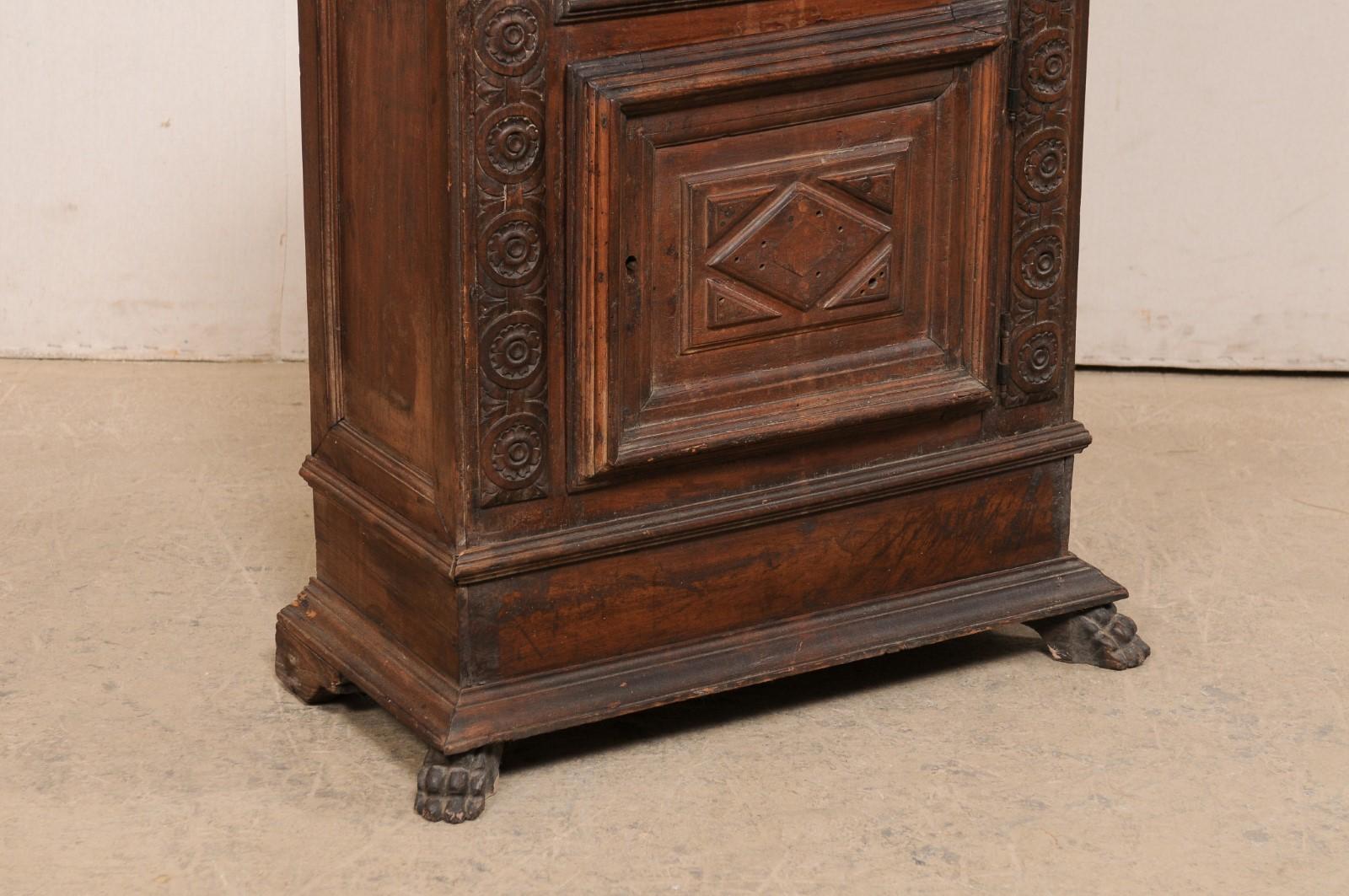 18th Century Italian Small-Sized Carved Walnut Cabinet on Paw Feet, Turn of 17th & 18th C.